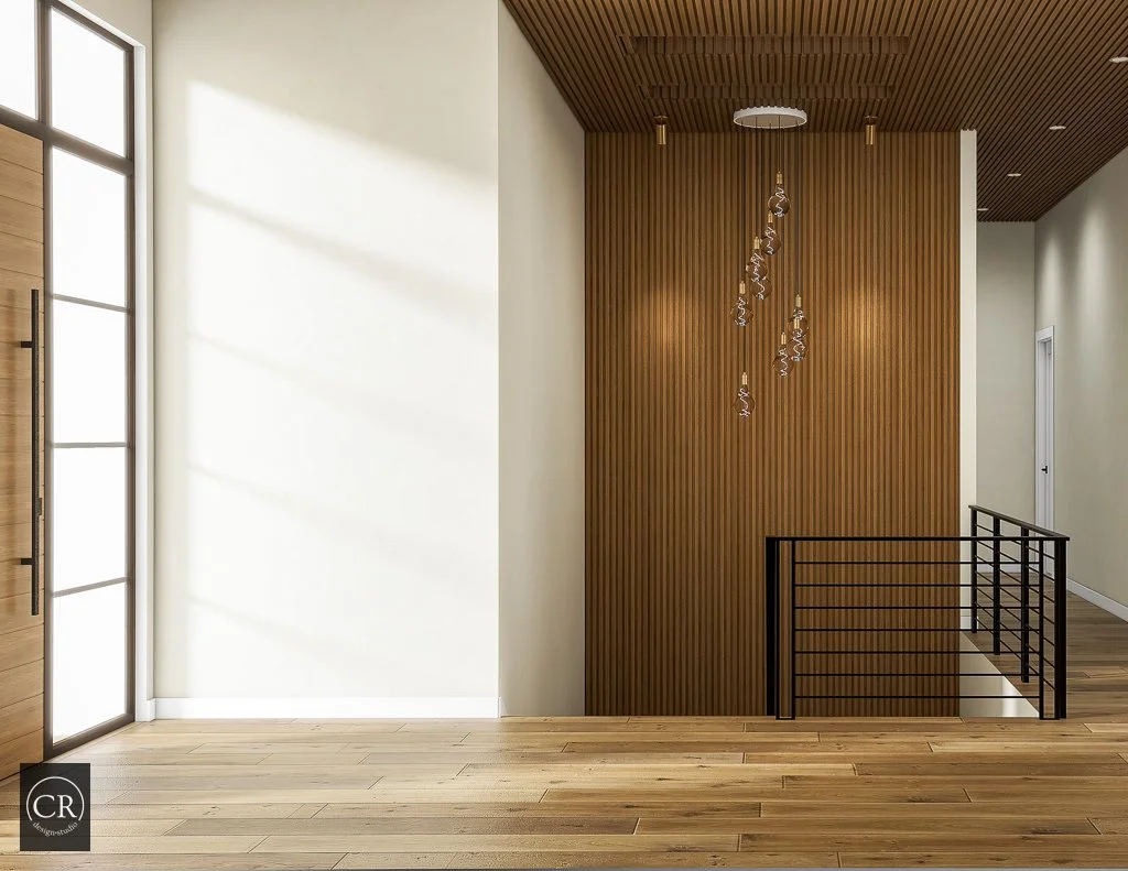 3D rendering of modern entry foyer with oversized wood pivot door, black steel sidelights, and oak flooring