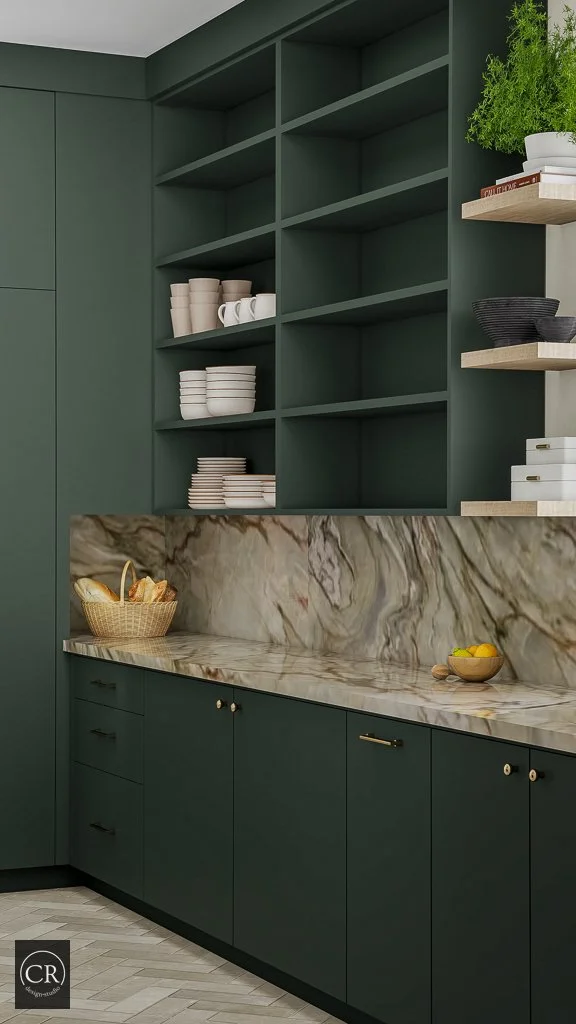 Detail 3D rendering of forest green pantry shelving with styled dishware and veined marble countertop