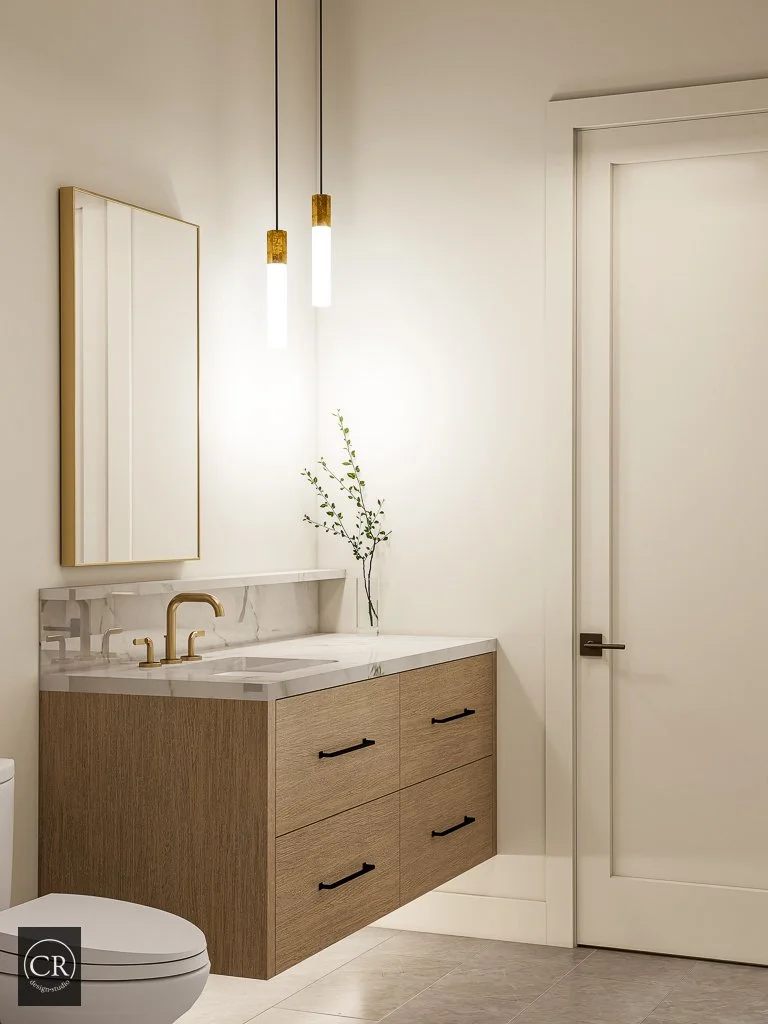 3D secondary bathroom rendering with floating oak vanity, gold-framed mirror, and brass pendants