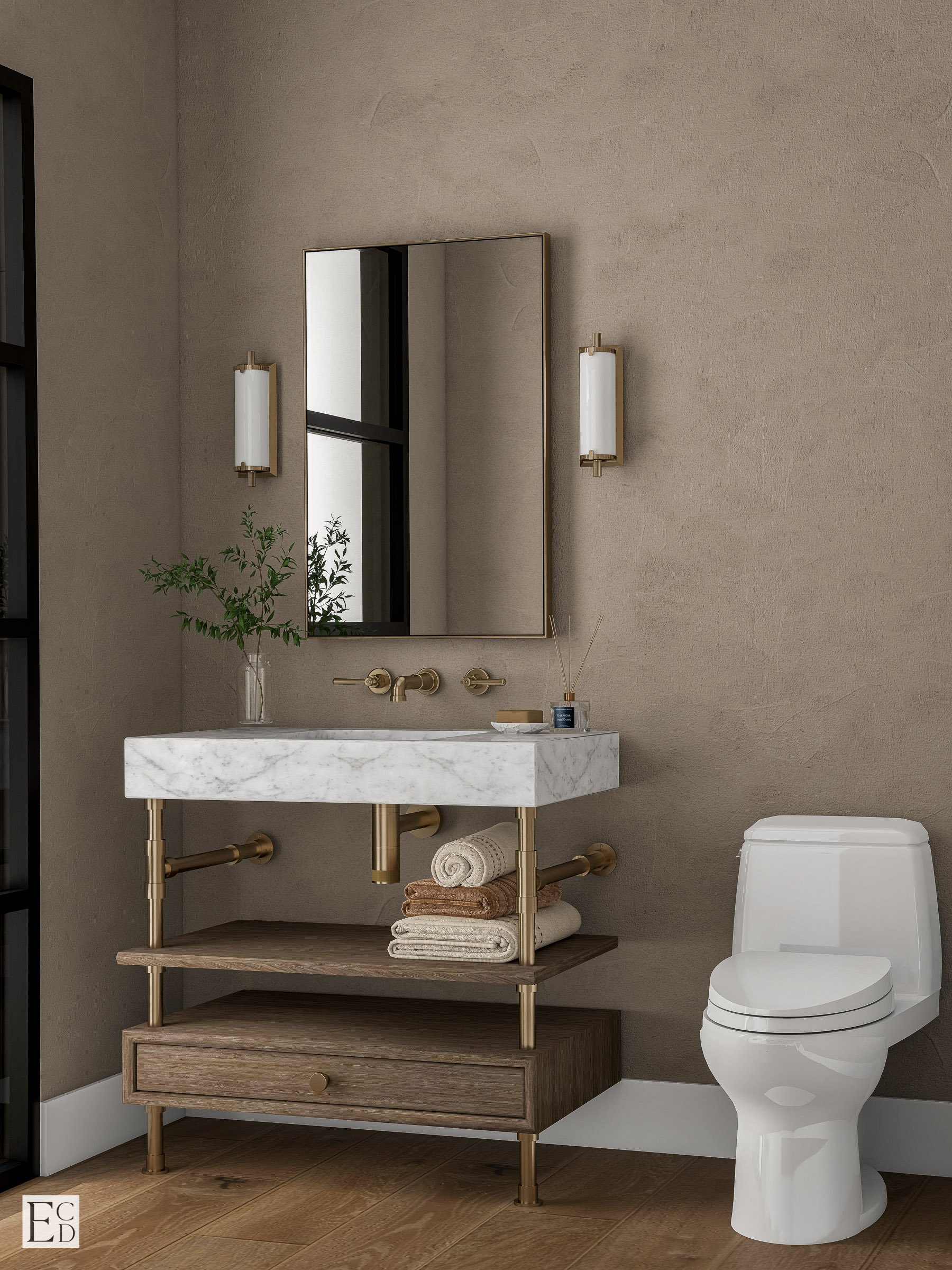 A marble console sink on brass legs floats against limewash walls, the wall-mounted faucet keeping the slab clean.