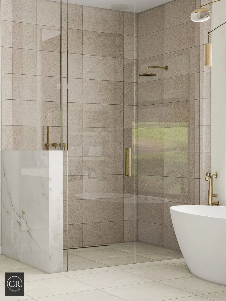 3D primary bathroom rendering showing travertine shower wall, freestanding tub, and brass fixtures