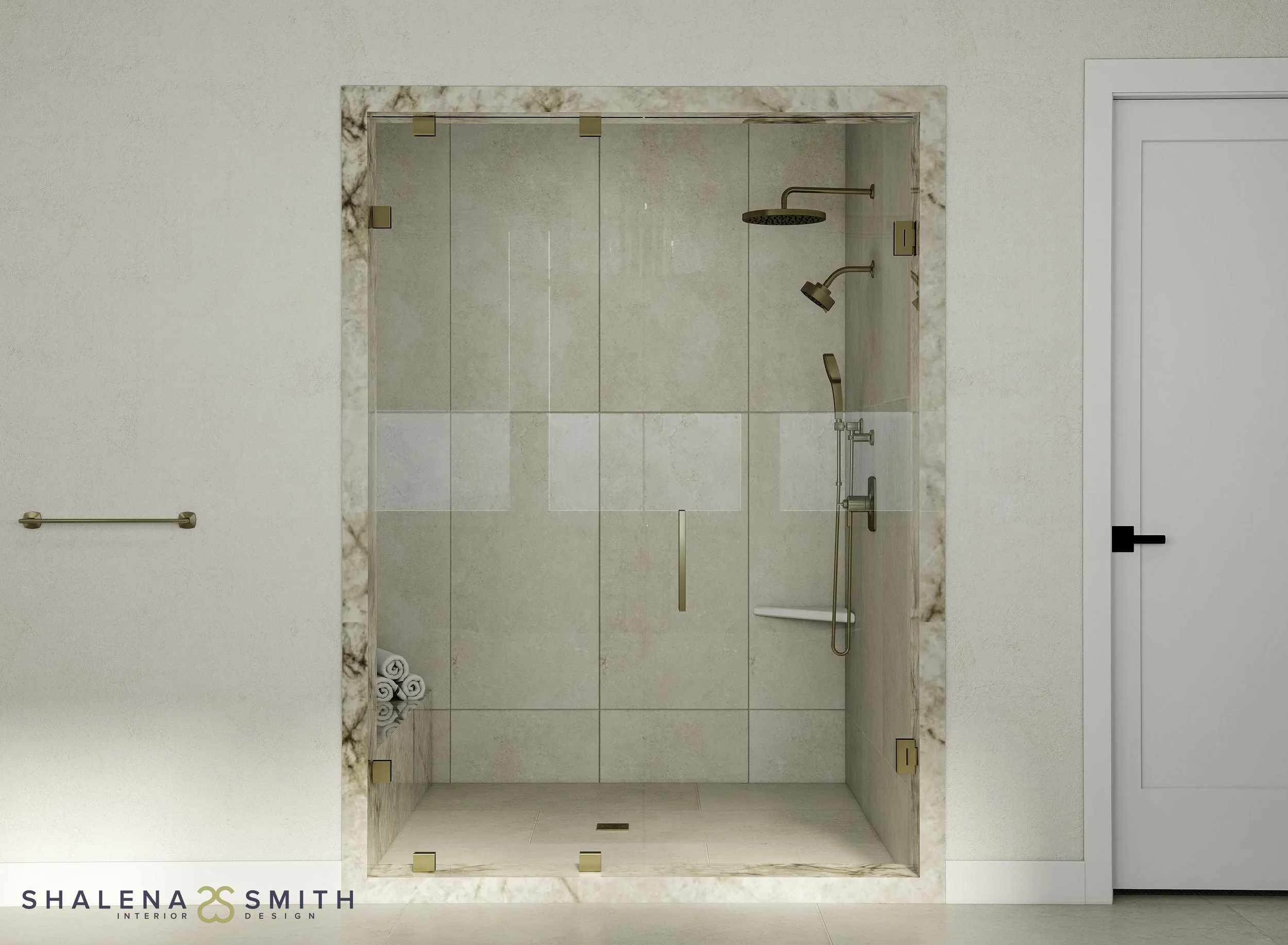 3D rendering of a walk-in shower framed in quartzite, with brass fixtures and frameless glass