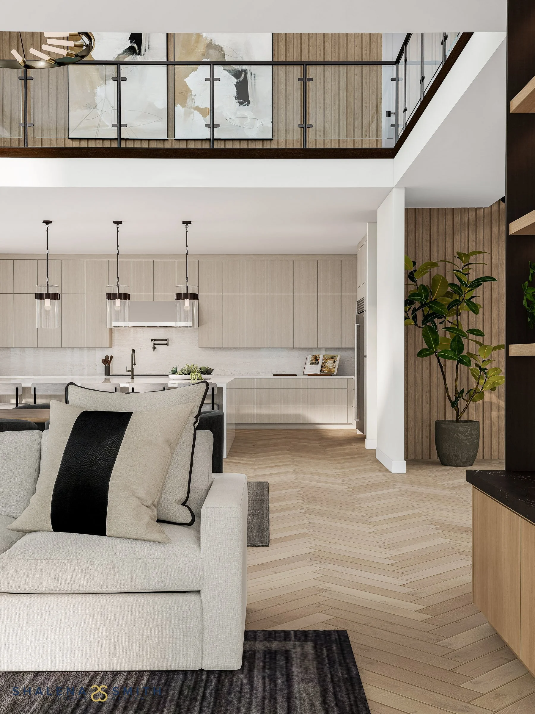 3D rendering of a living room sofa looking toward the kitchen, with a slat-wood wall and an open loft above