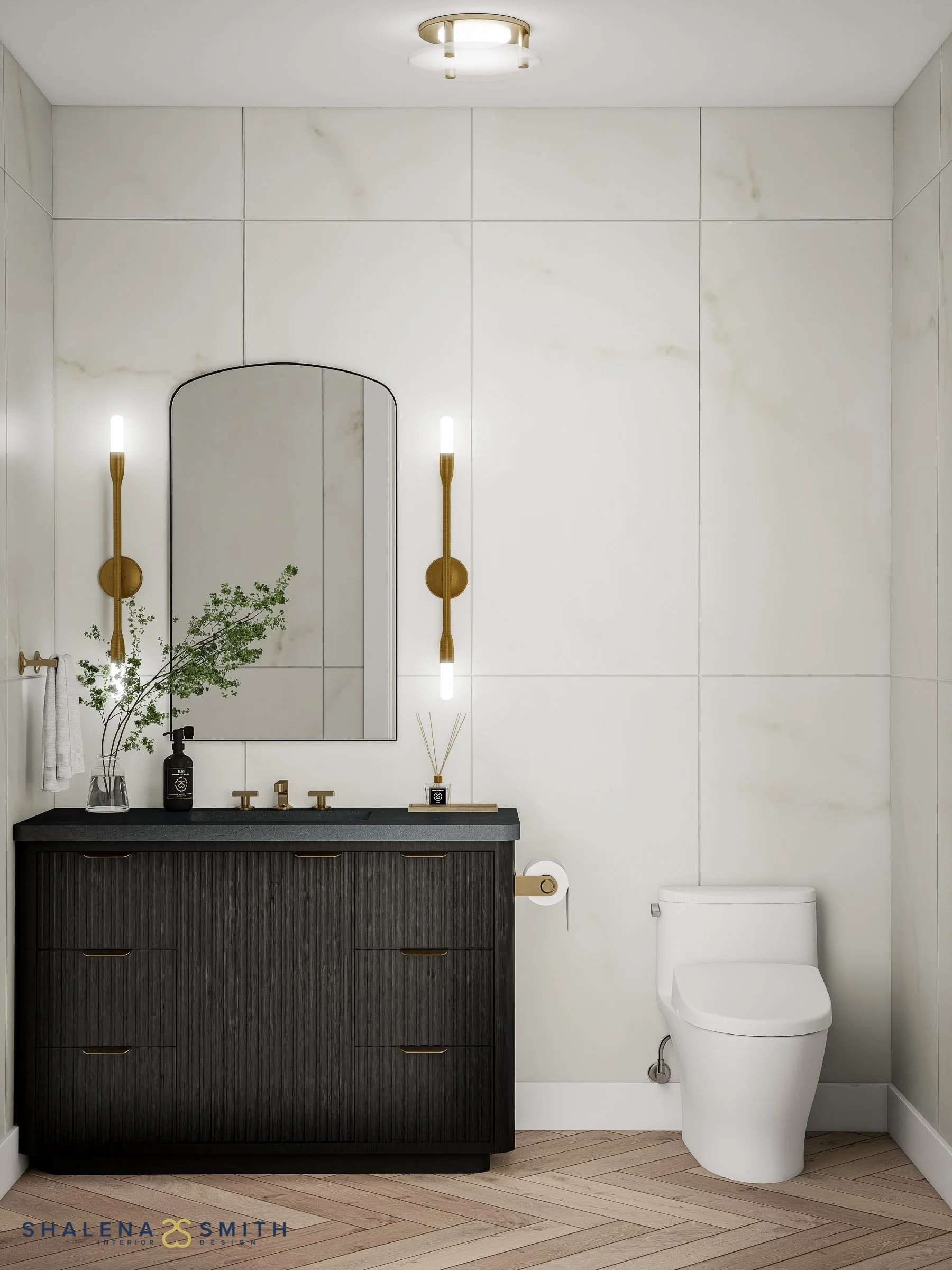 3D rendering of a powder room with large-format marble-look tile and a black fluted vanity
