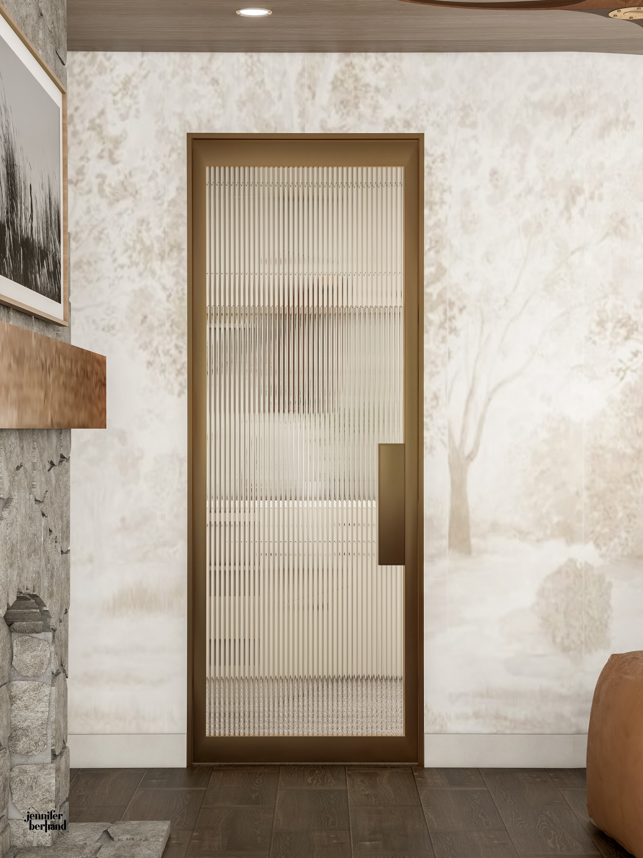 Detail rendering of a bronze-framed reeded glass pocket door against a curved wall with wallpaper.