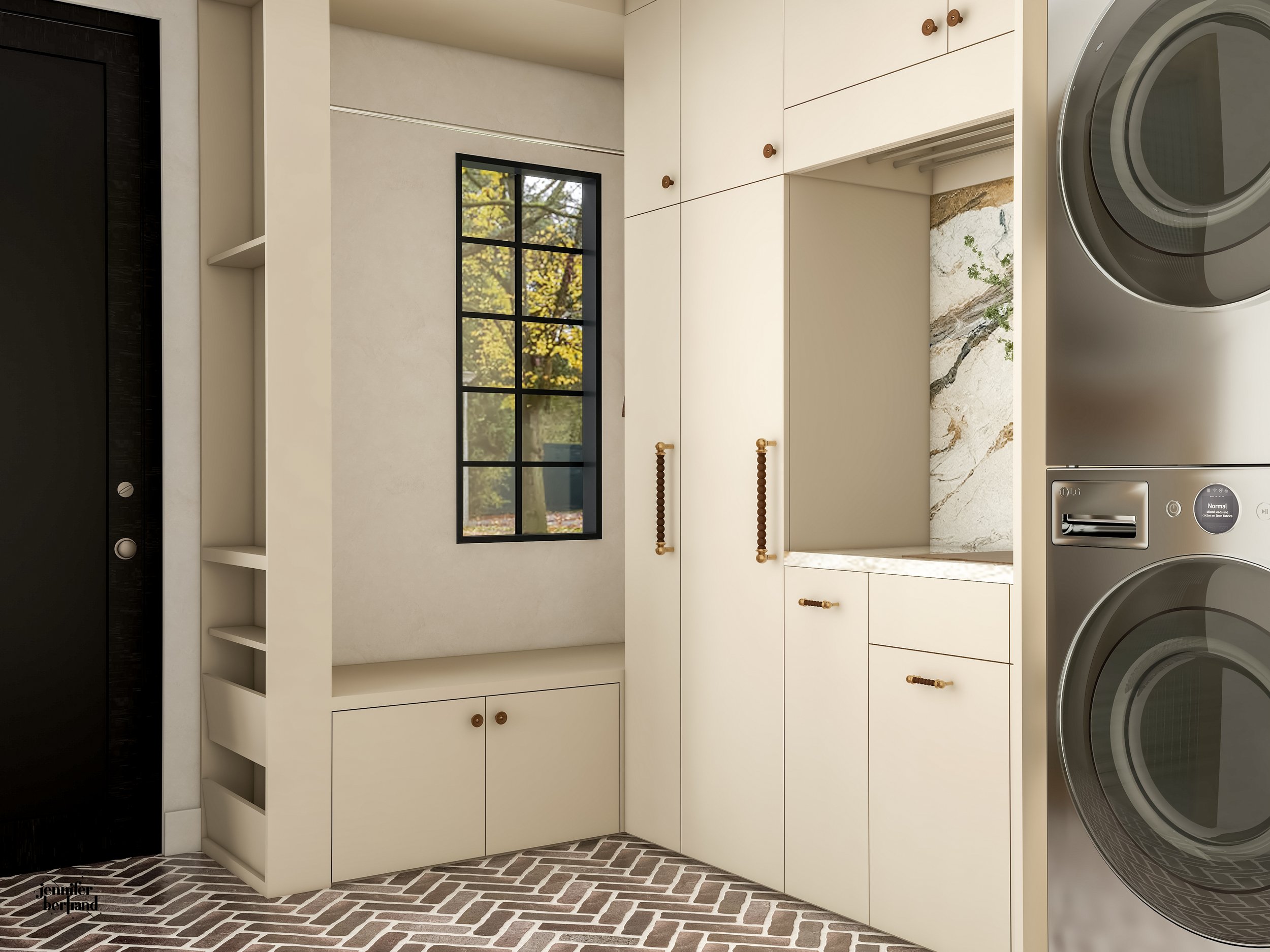 Mudroom rendering with built-in bench, cream cabinetry, brass hardware, and a garden-view window
