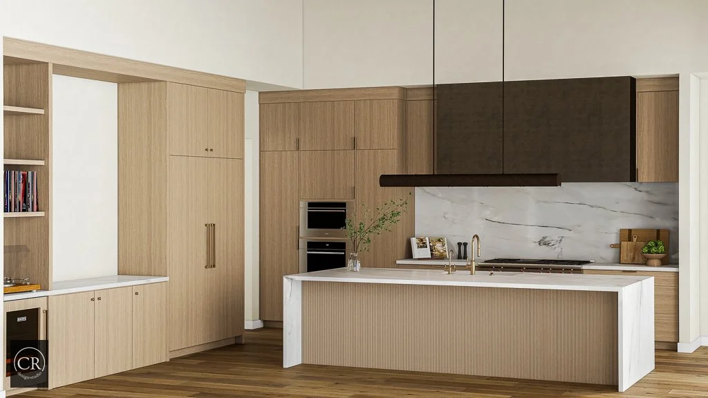 Wide-angle 3D kitchen rendering showing open plan layout with fluted island and wood slat ceiling