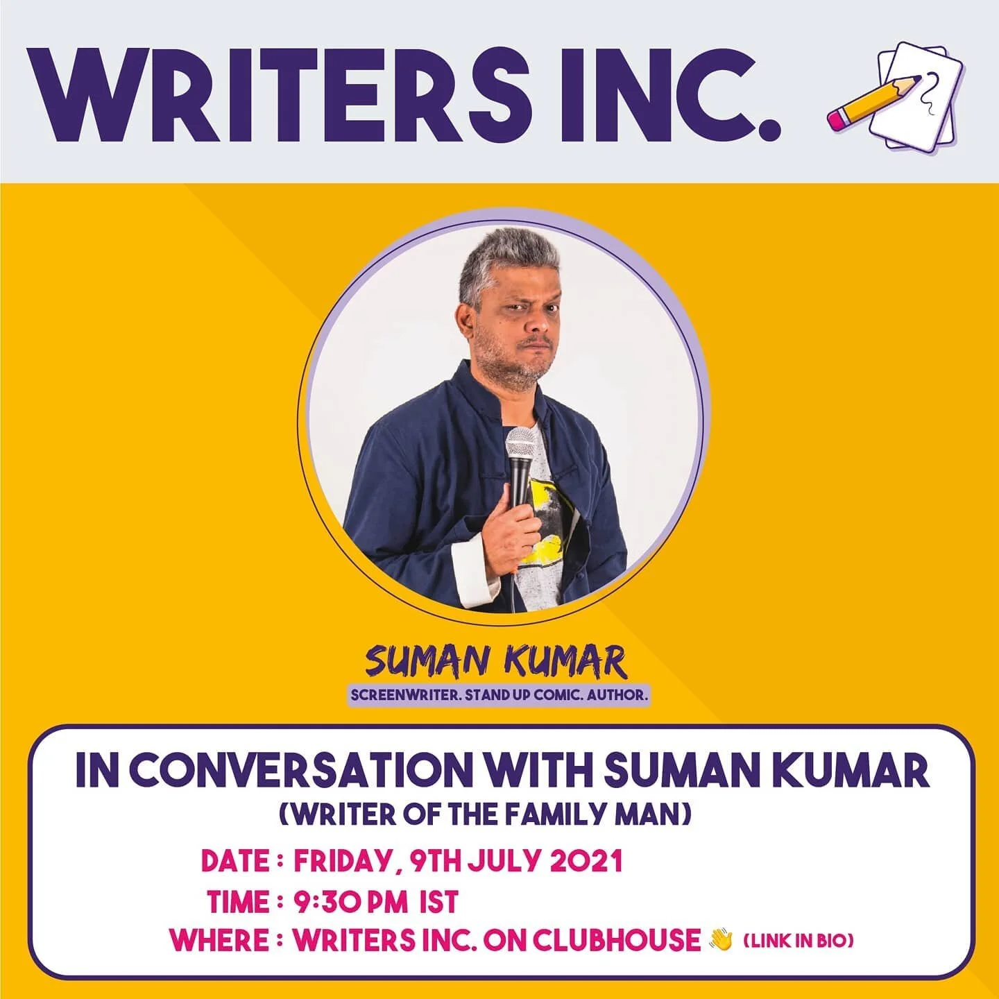 ➡️RSVP to the Clubhouse link in bio⬅️ If you've watched The Family Man, I'm hosting the writer of the show @iamsumankumar tonight for a Clubhouse session at 9:30 pm IST.

Join me as I pick his brains on what it was like writing The Family Man. We'll 