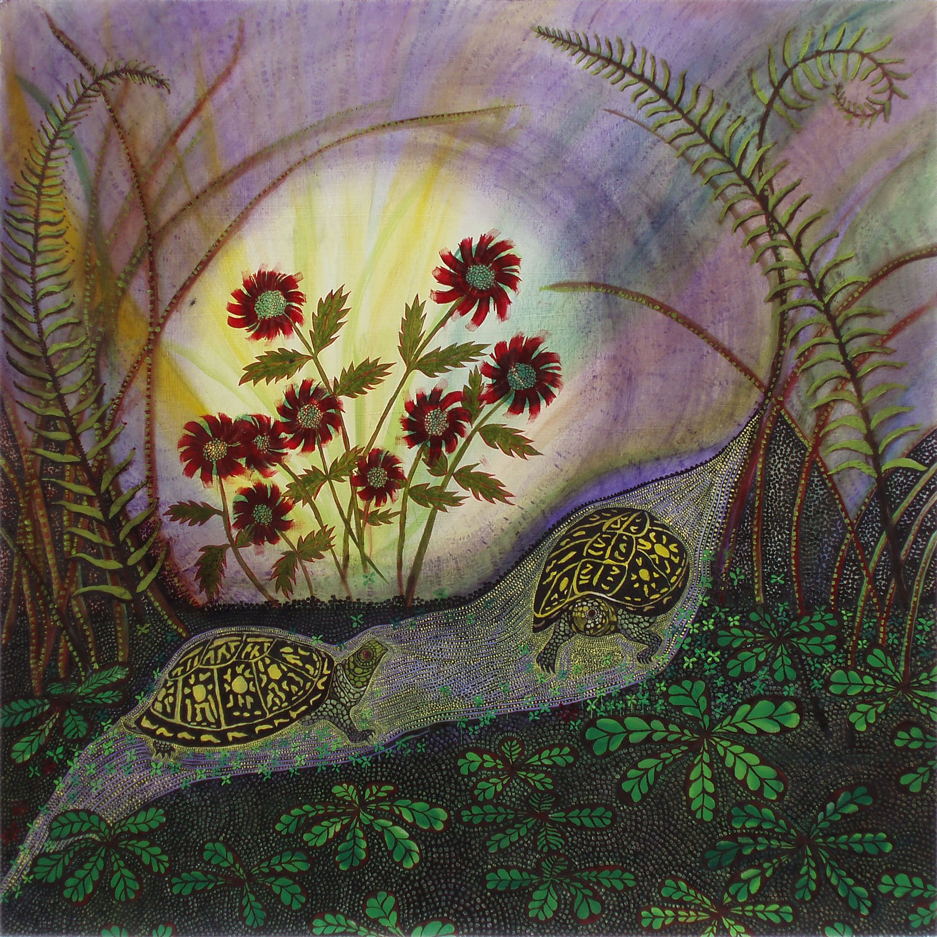 Two turtles with flowers, 24" x 24"