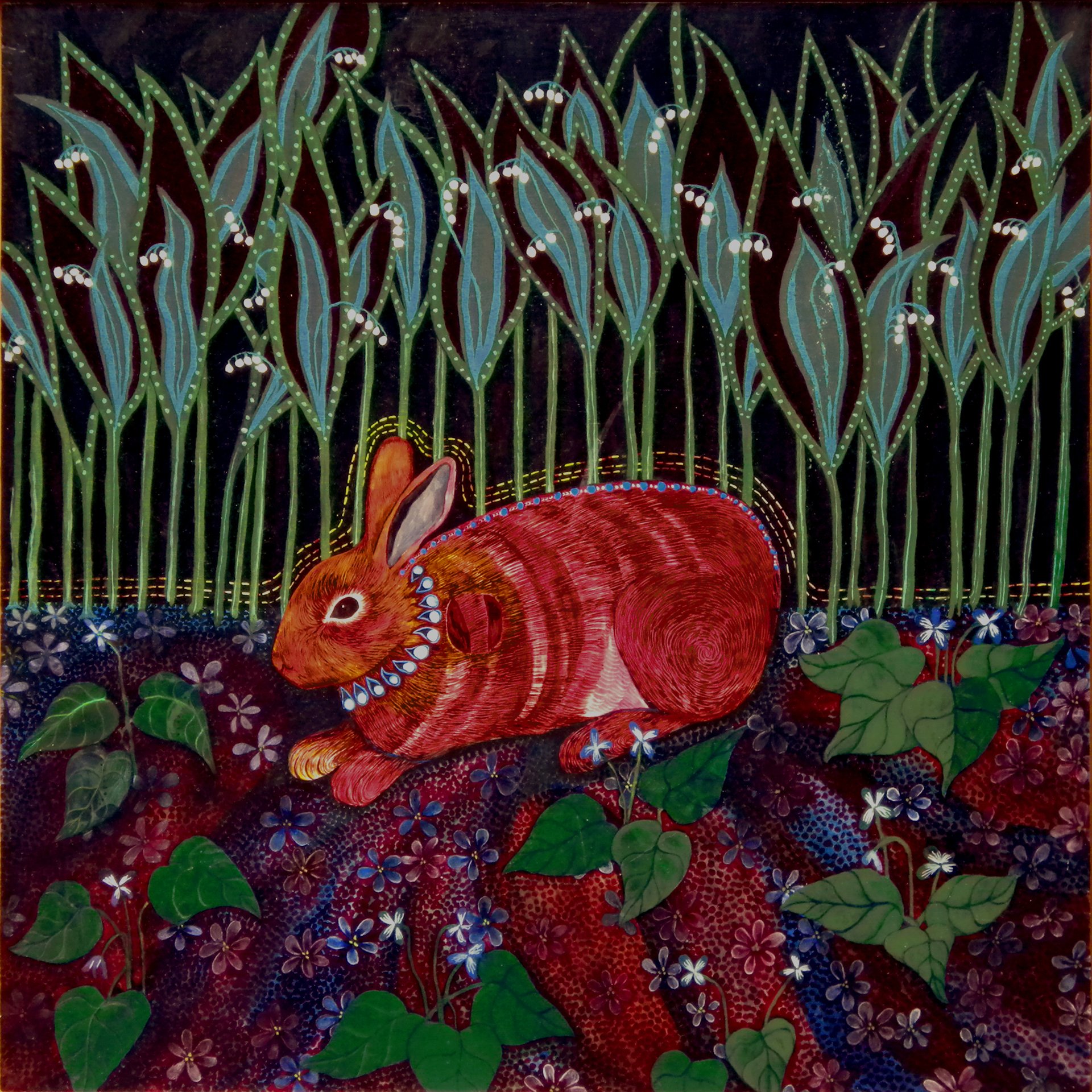 Red rabbit with flowers, 24" x 24"