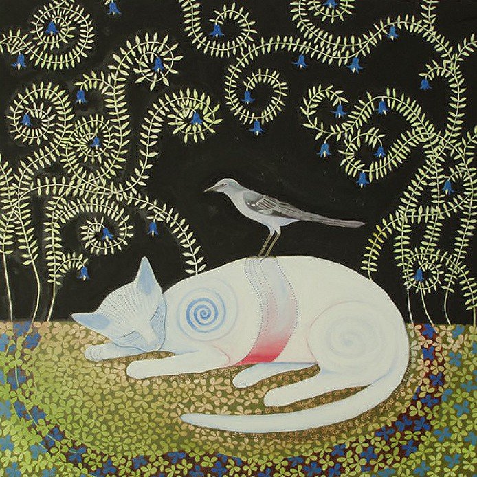 Pearly with a mockingbird, 24" x 24"