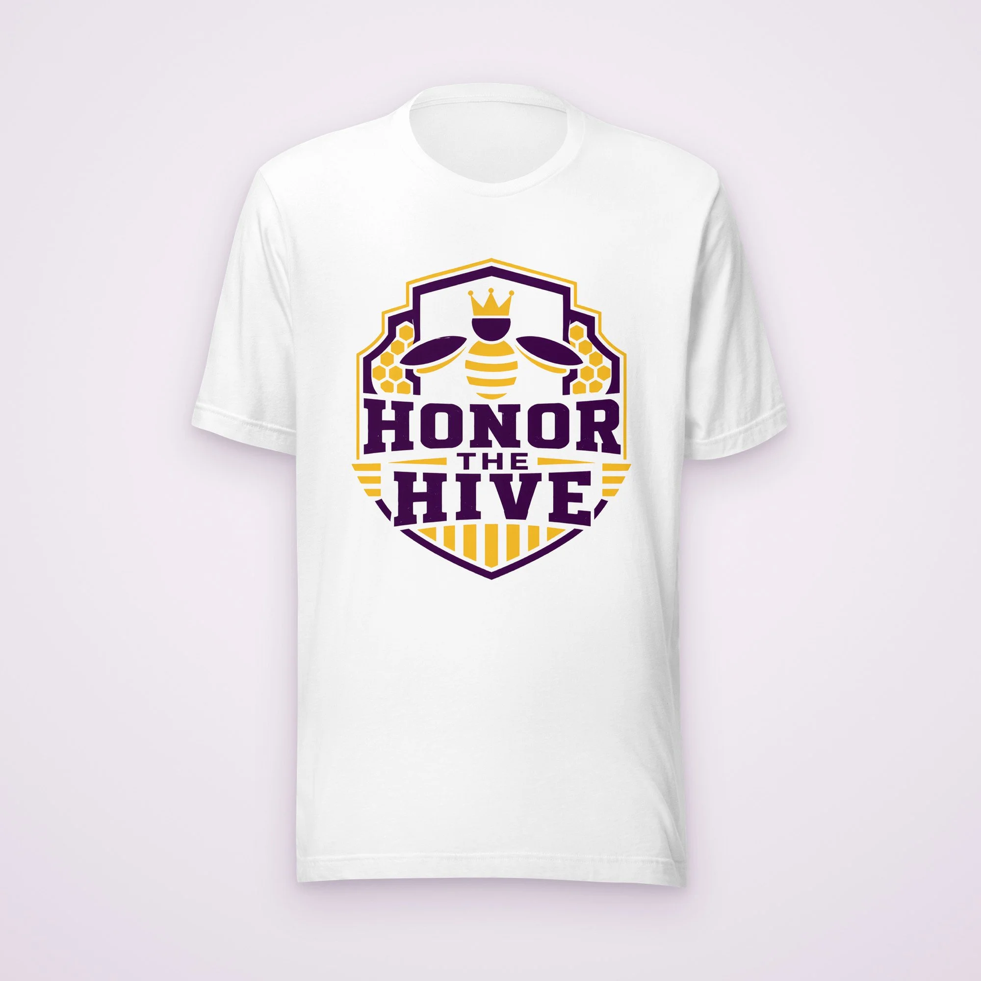 Honor the Hive tee in white, front view on a light background