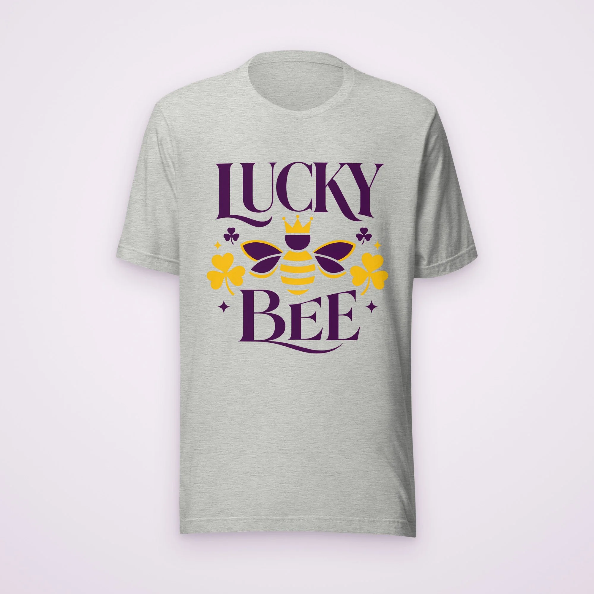 Lucky Bee tee in athletic heather, front view on a light background