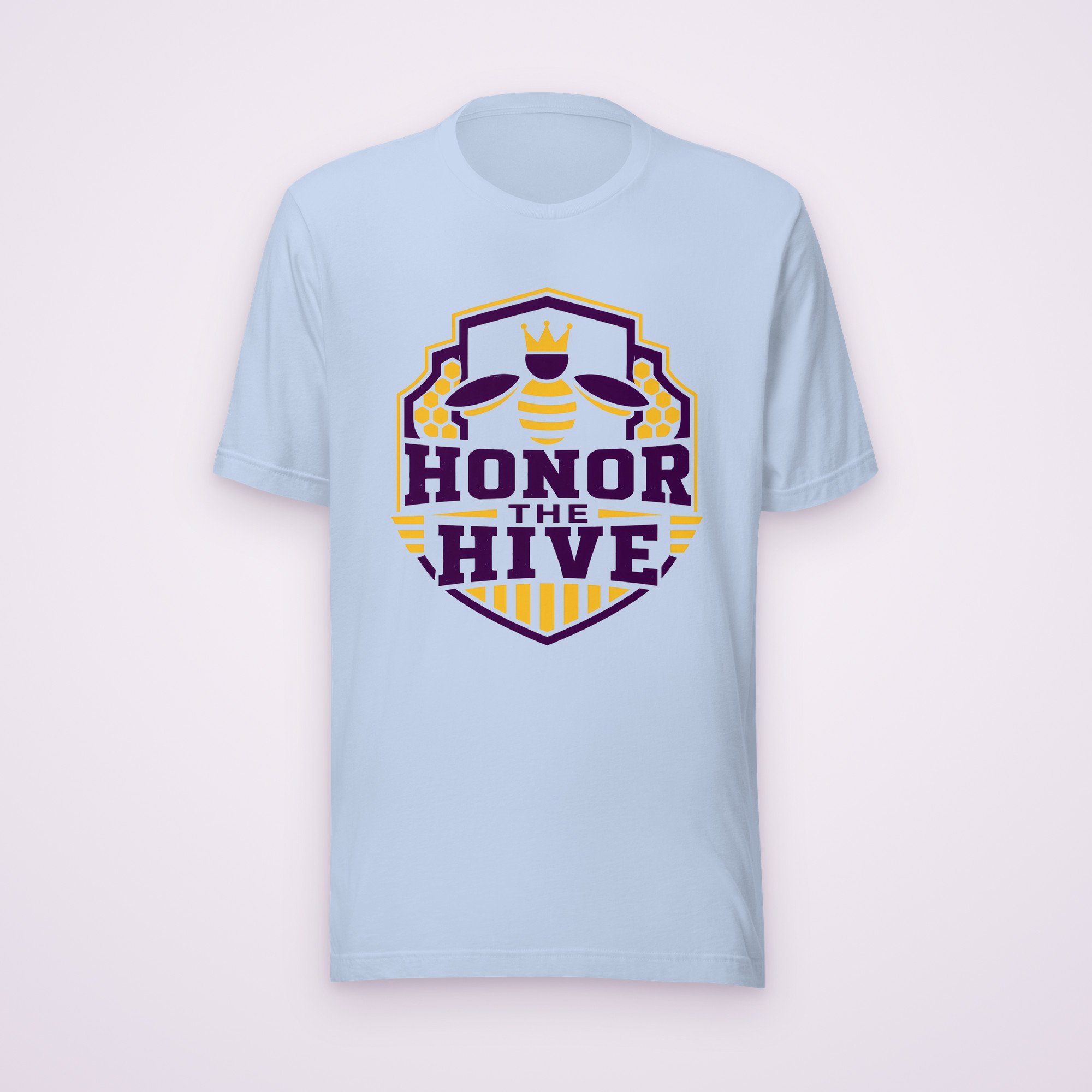 Honor the Hive tee in baby blue, front view on a light background