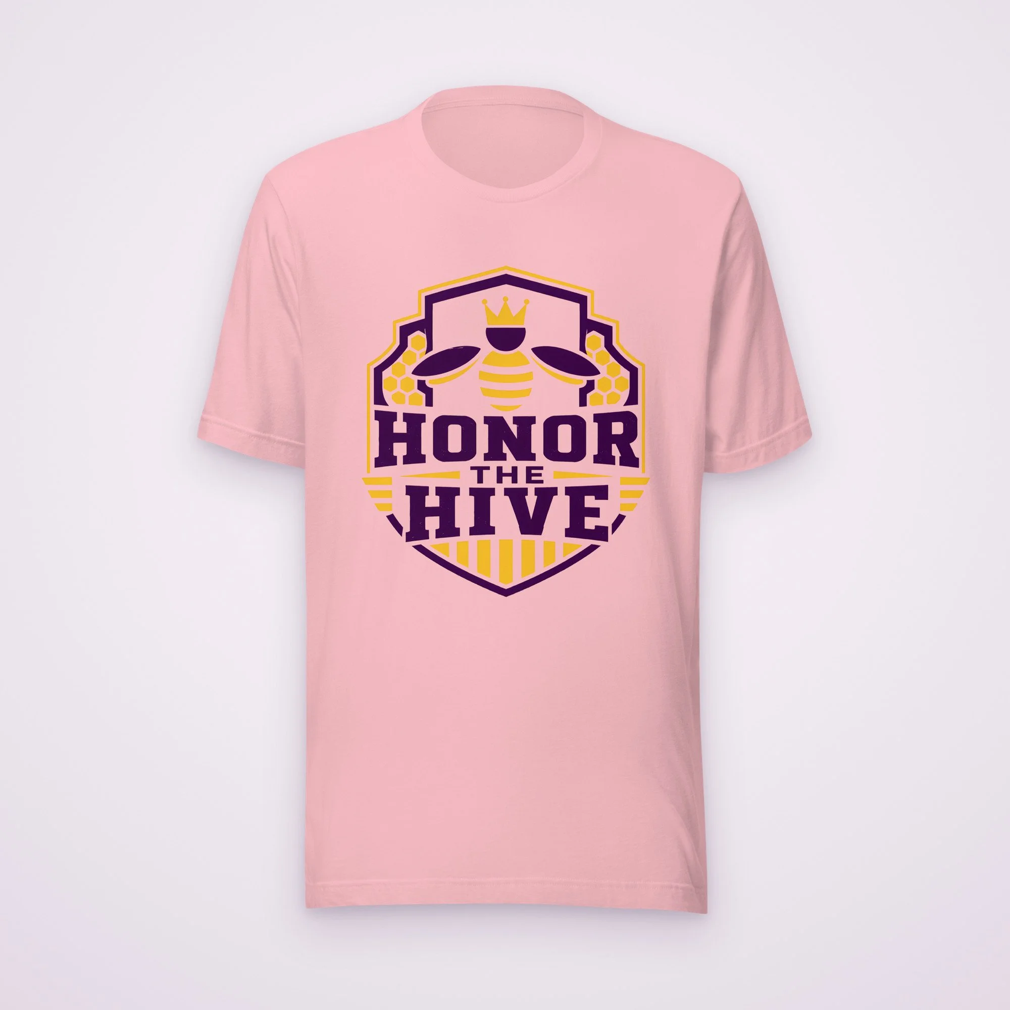 Honor the Hive tee in pink, front view on a light background