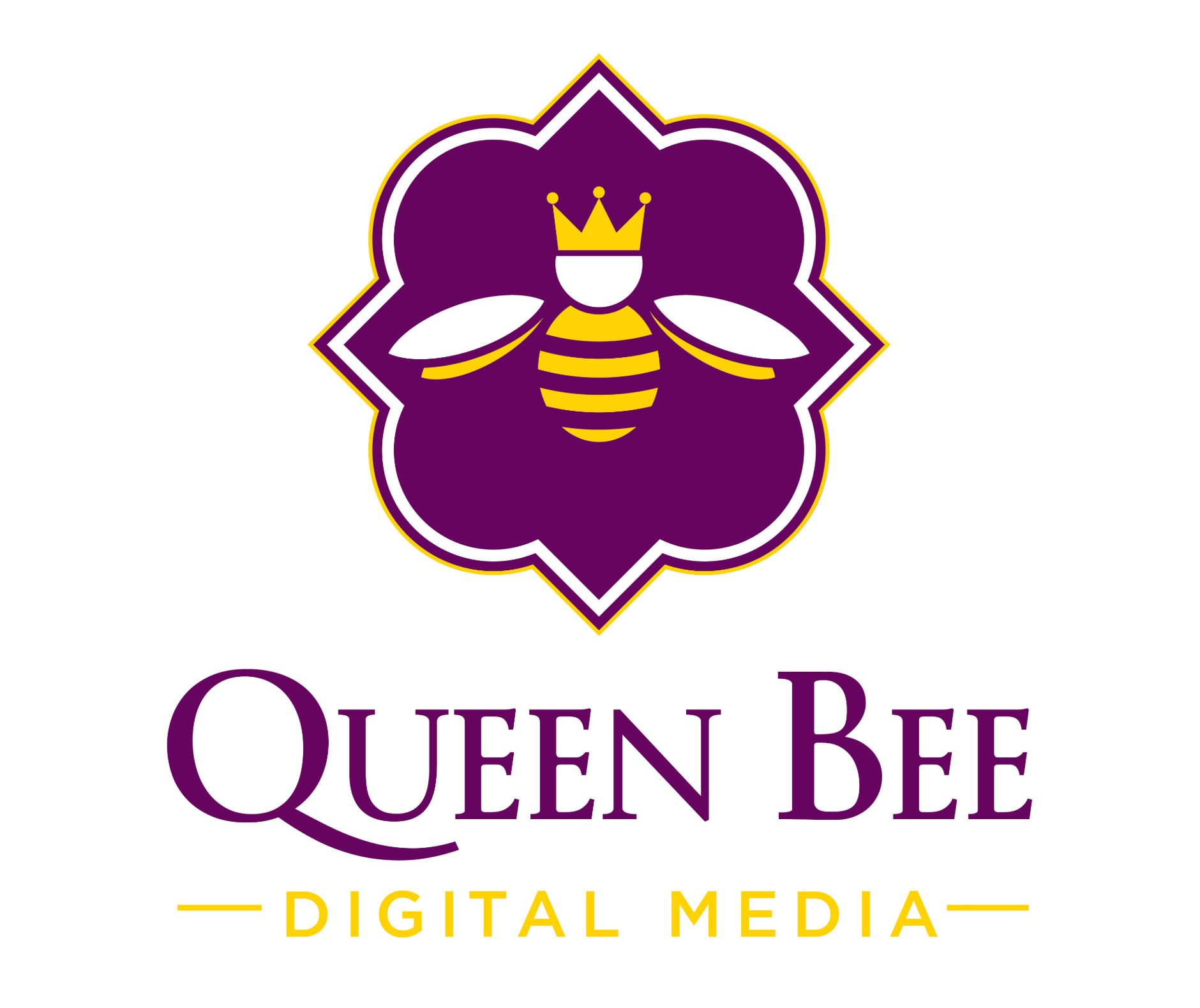 Logo for Queen Bee Digital Media featuring a stylized queen bee with a crown inside a purple flower shape, with the company name in purple and yellow text.