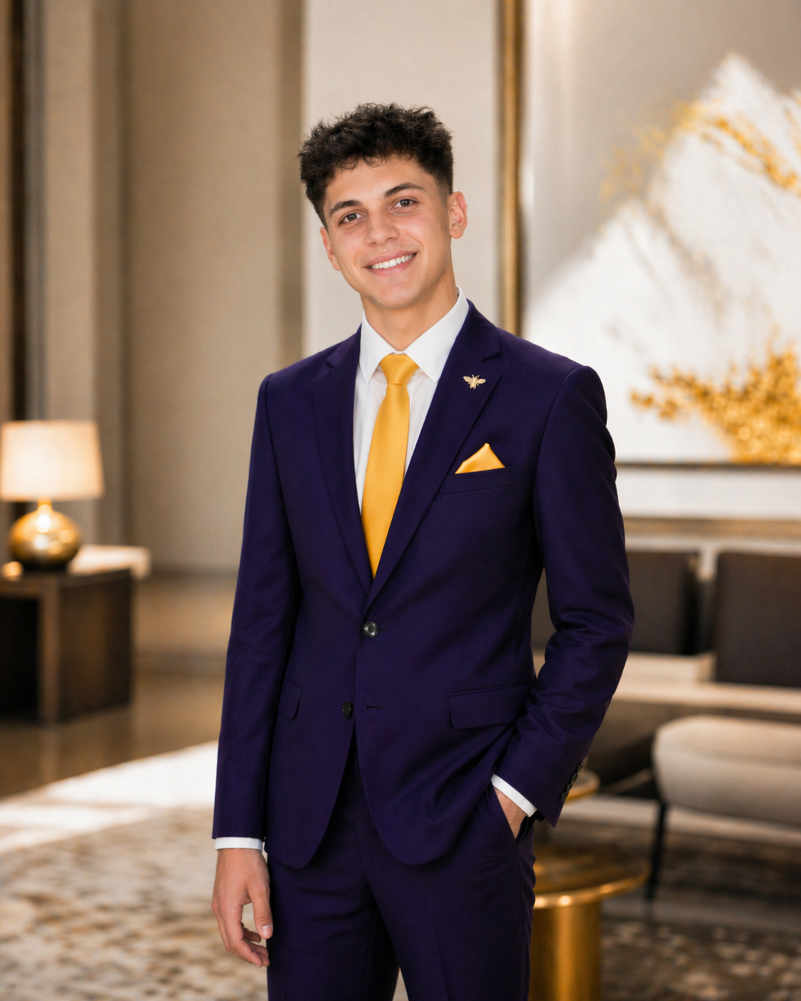 A young man in a navy suit with a yellow tie and pocket square, smiling and standing in a modern, elegantly decorated living room.