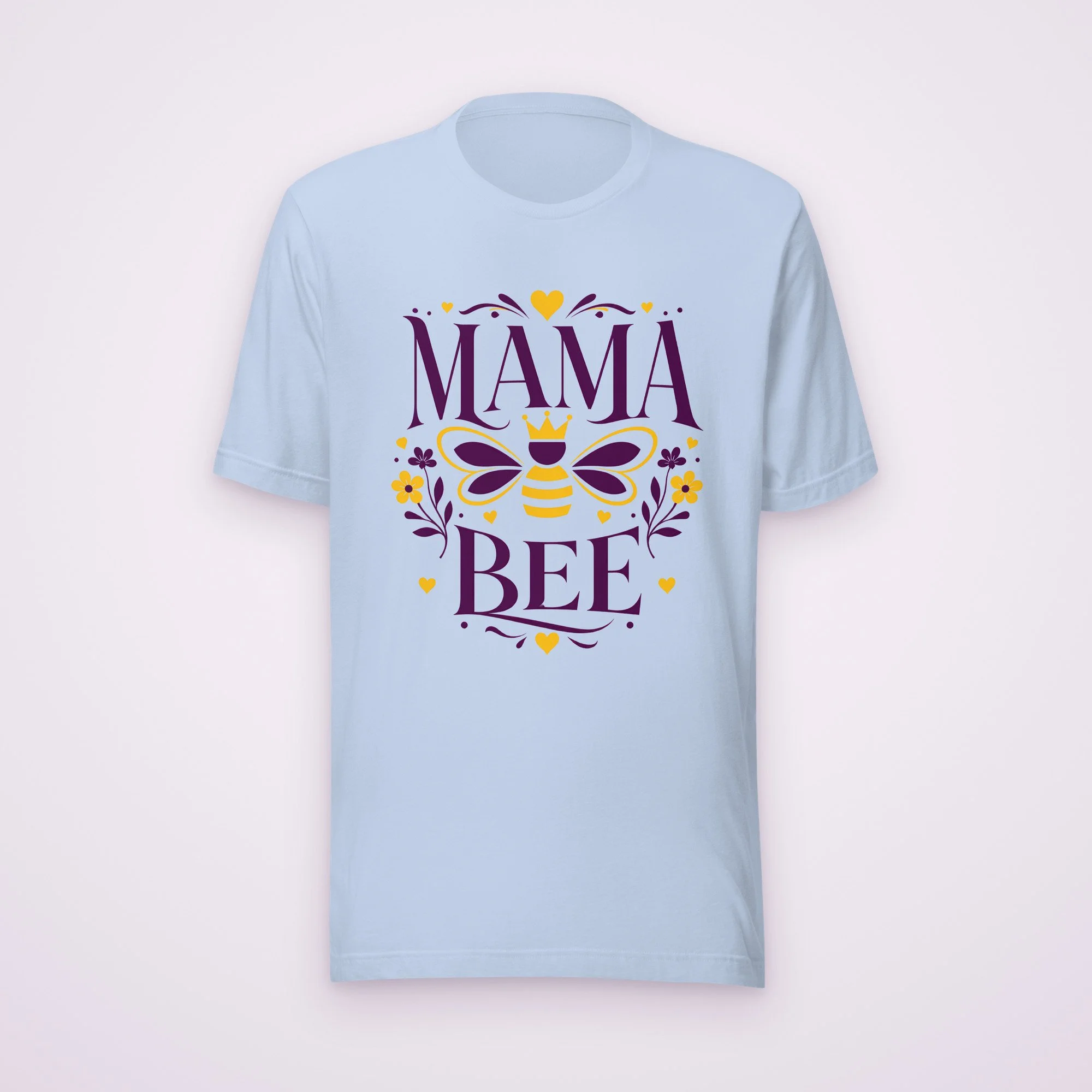 Mama Bee tee in baby blue, front view on a light background