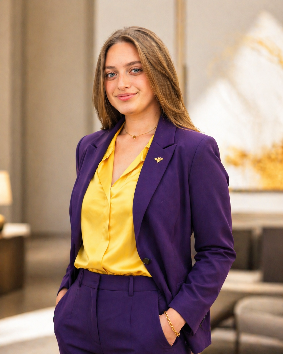 A young woman with light brown hair, wearing a purple blazer with a pin, yellow blouse, purple pants, and a delicate necklace, standing indoors with a neutral expression.