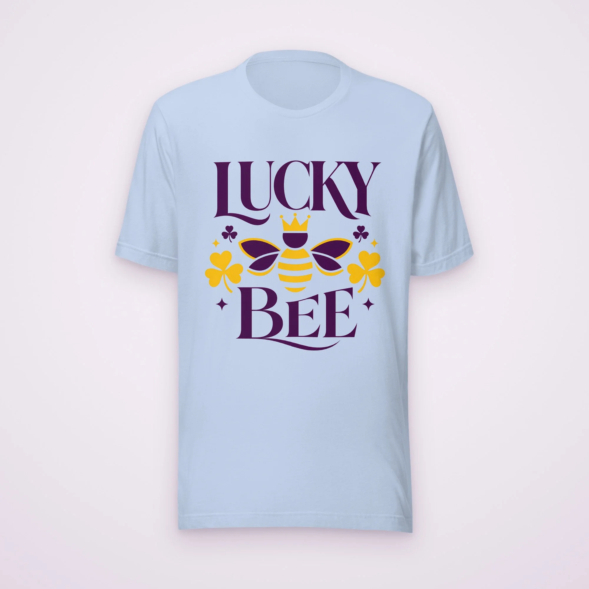 Lucky Bee tee in baby blue, front view on a light background