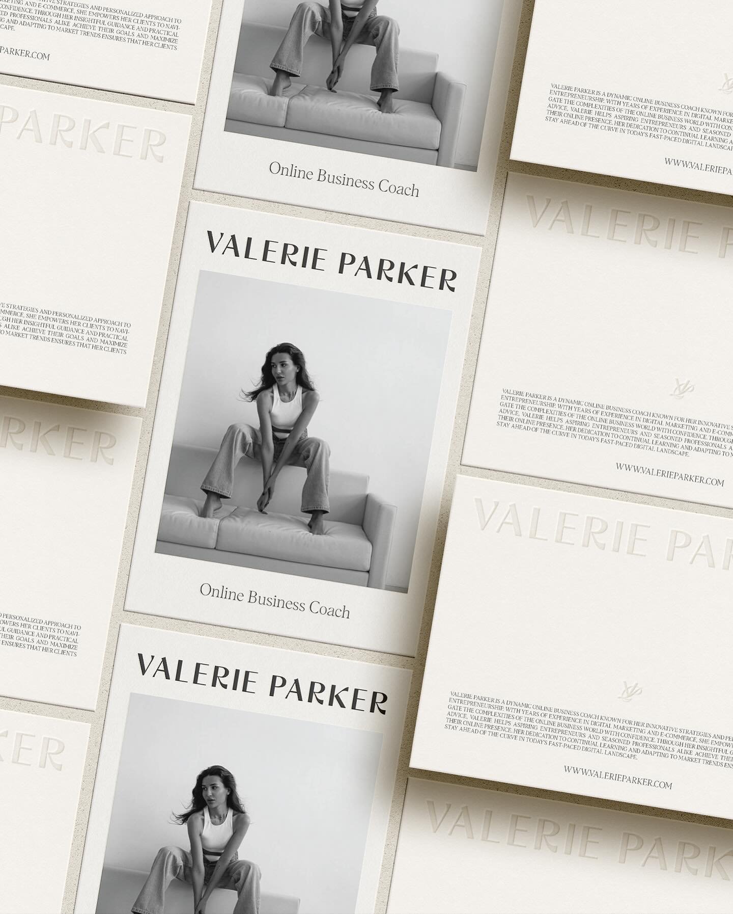 Valerie Parker&rsquo;s branding is sleek and sophisticated, featuring a neutral color palette and strong typography. The minimalist design reflects her focus on clarity and effectiveness in online business coaching. With clean lines and bold fonts, h