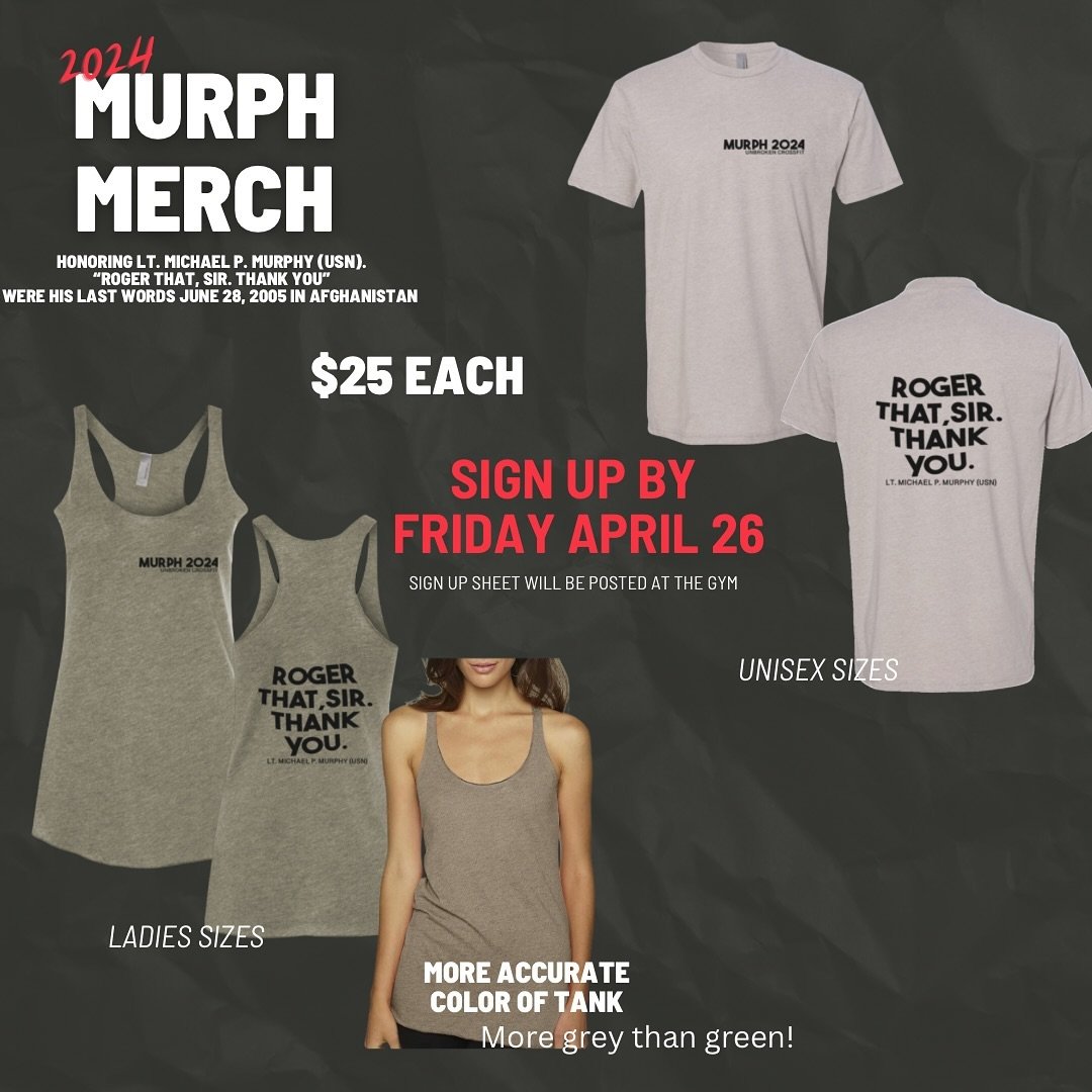 📢 IT&rsquo;S T-SHIRT TIME!!!!

Sign up by April 26 at the sign up sheet to be posted in the gym for your Murph shirts, we will have them in prior to the event!