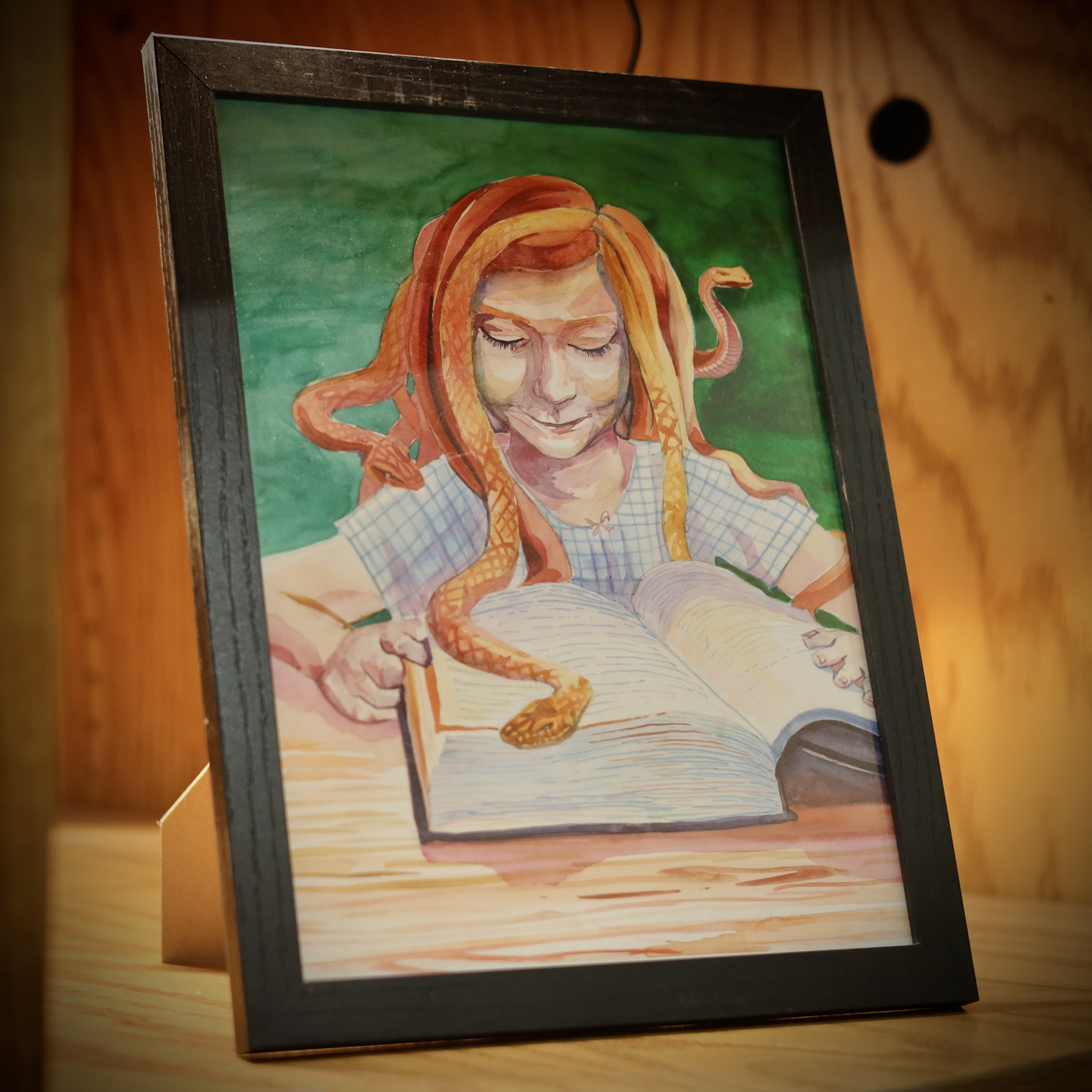Framed illustration of a person with snake-like hair reading a book.