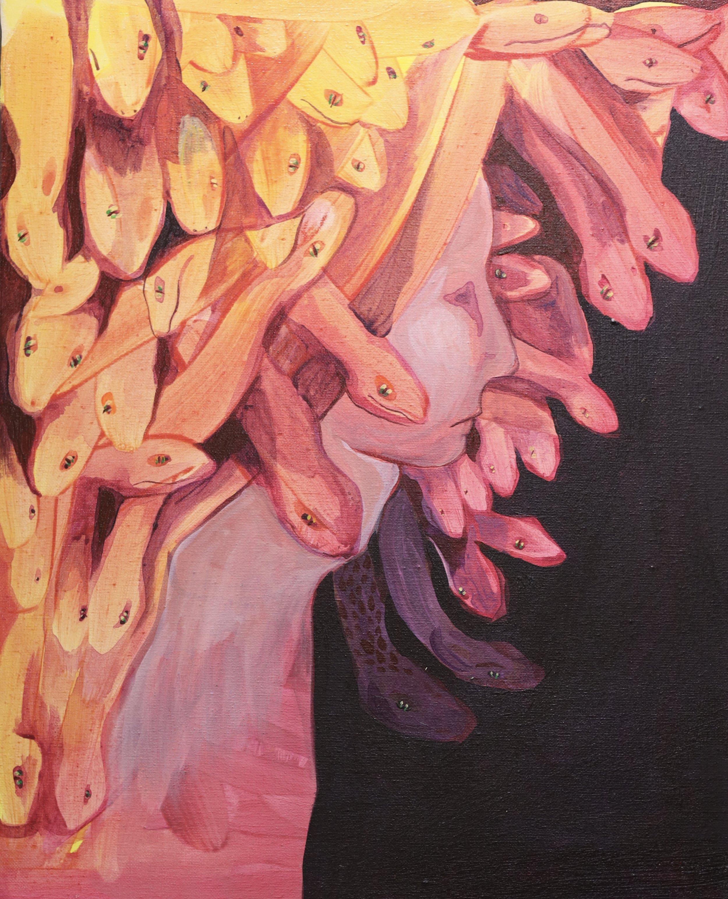 Abstract painting of a figure with snakes as hair, inspired by Medusa, in shades of pink, yellow, and purple against a dark background.