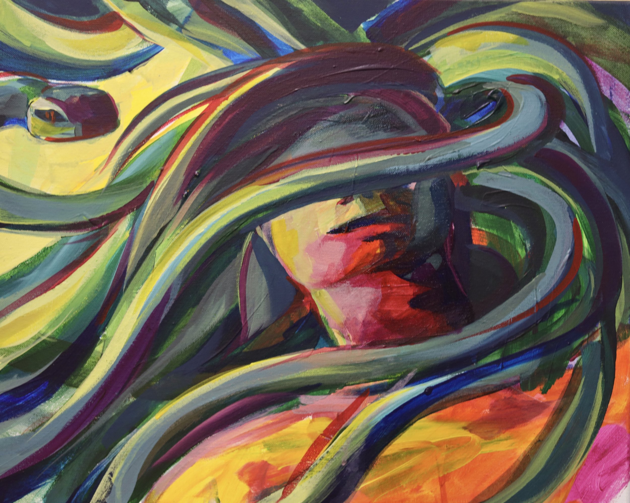 Colorful abstract painting depicting a face intertwined with snake-like shapes.