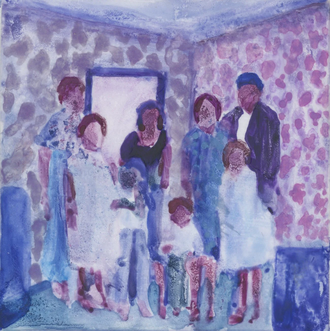 Little Windows to Then: Held Across The Shoulders, 2026, waxed watercolour on frosted mylar mounted on canvas, 4" x 4" unframed, 5.25" x 5.25" framed in maple | $150