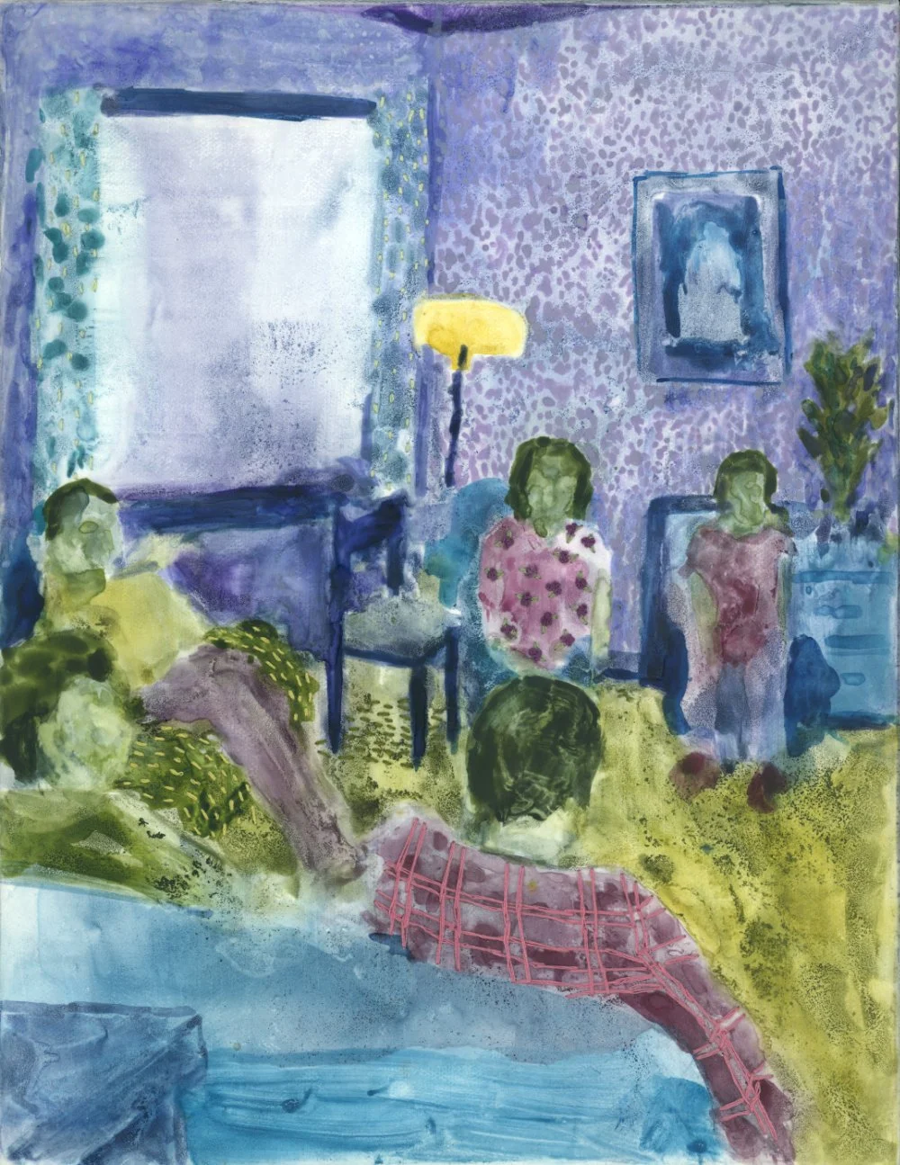 The Seat Waiting for You, 2026, waxed watercolour on frosted mylar mounted on canvas with hand stitched embroidery, 14" x 11" unframed, 15.25" x 12.25" framed in maple | $850