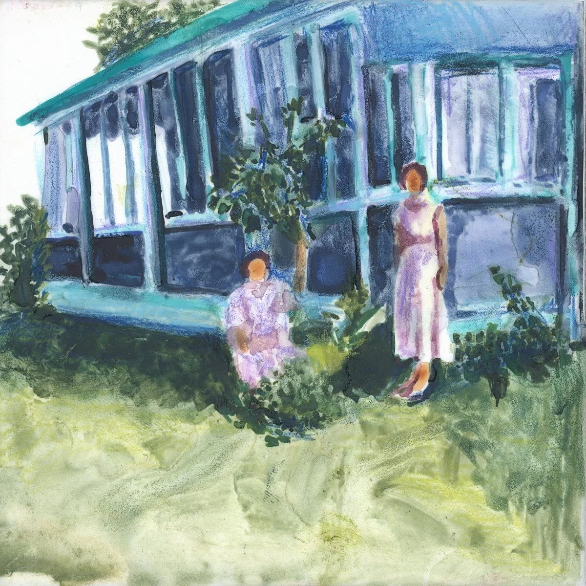 Little Windows to Then: We Visited Every Summer, 2026, waxed watercolour on frosted mylar mounted on canvas with wax pastel, 4" x 4" unframed, 5.25" x 5.25" framed in maple | SOLD