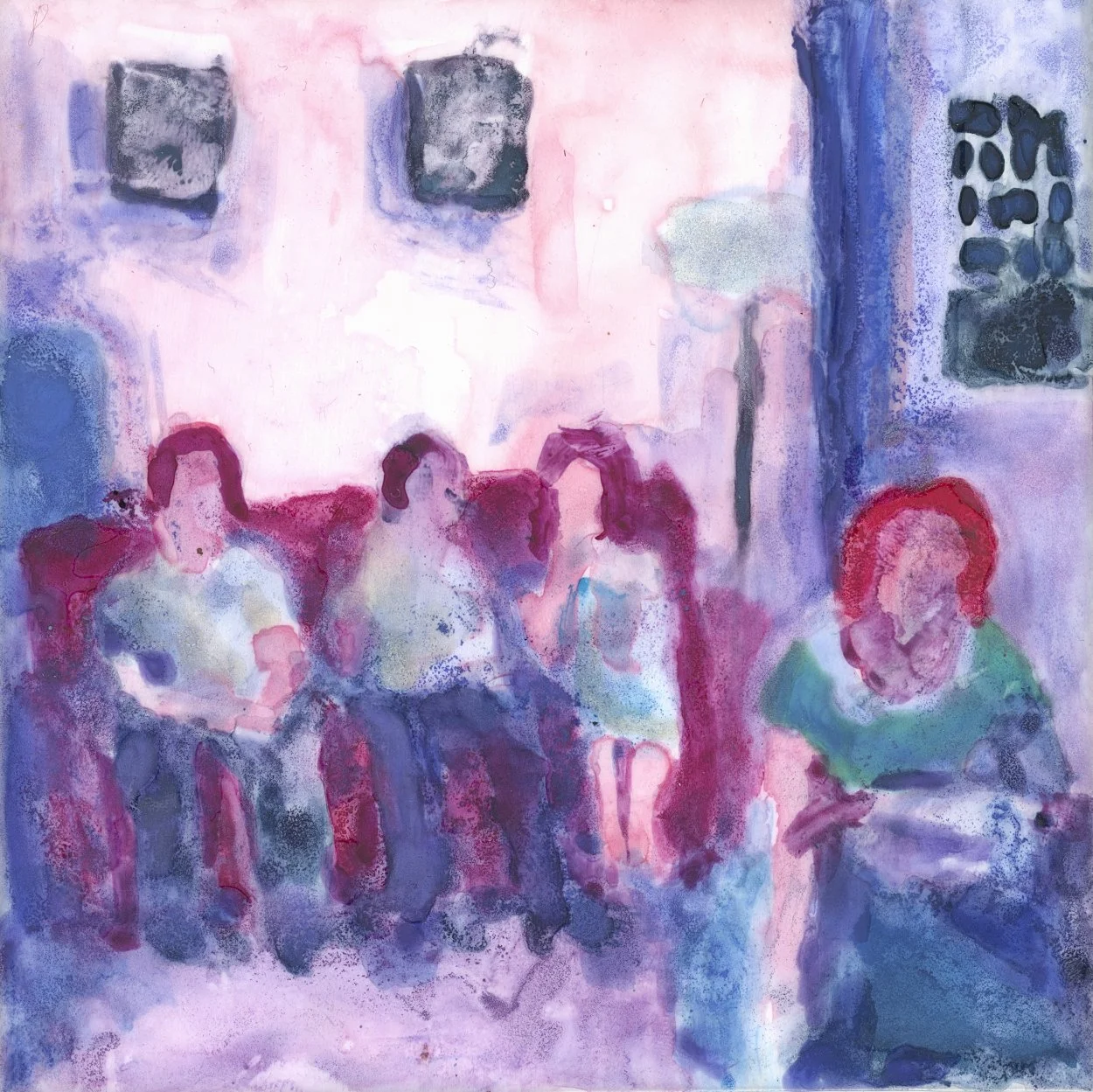 Little Windows to Then: When I Entered The Room, 2026, waxed watercolour on frosted mylar mounted on canvas, 4" x 4" unframed, 5.25" x 5.25" framed in maple | $150