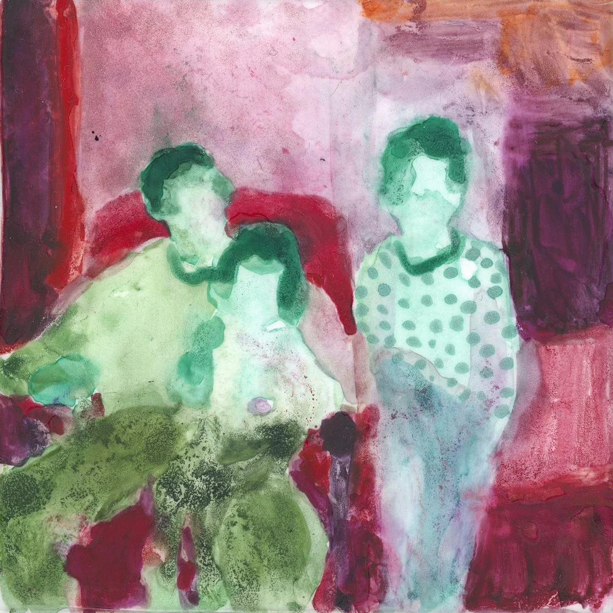 Little Windows to Then: The Blue House and Fading Footsteps, 2026, waxed watercolour on frosted mylar mounted on canvas, 4" x 4" unframed, 5.25" x 5.25" framed in maple | SOLD