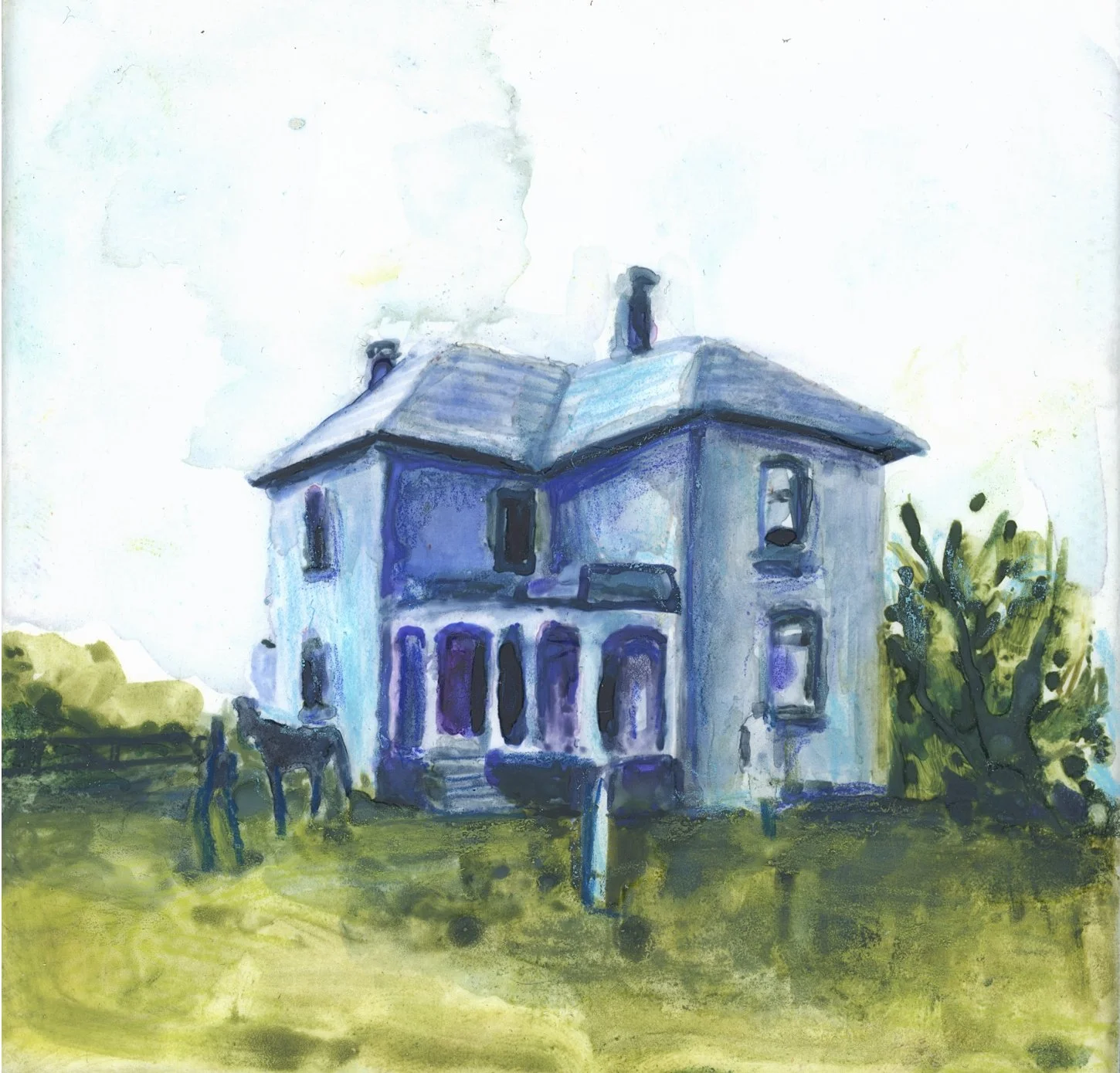 Little Windows to Then: The Blue House and Fading Footsteps, 2026, waxed watercolour on frosted mylar mounted on canvas with wax pastel, 4" x 4" unframed, 5.25" x 5.25" framed in maple | SOLD