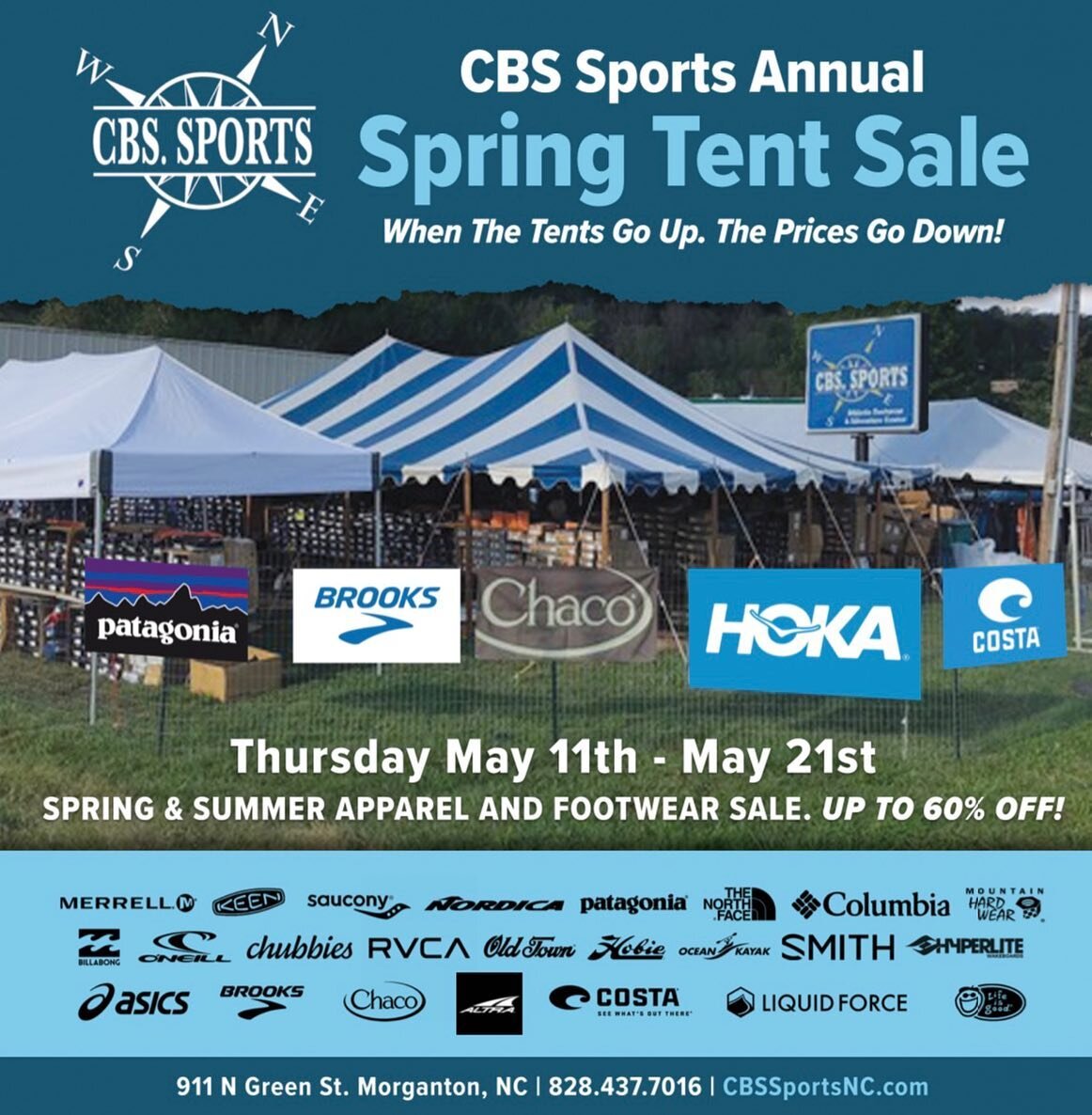 Spring Tent Sale is Happening Now! Save up to 50% off products like Patagonia, Columbia, Brooks Running, Hoka, Saucony, Altra, Nike, Keen, The North Face, Simms Fishing, and so much more! Tent Sale runs through May 21st, with new Items stocked daily!