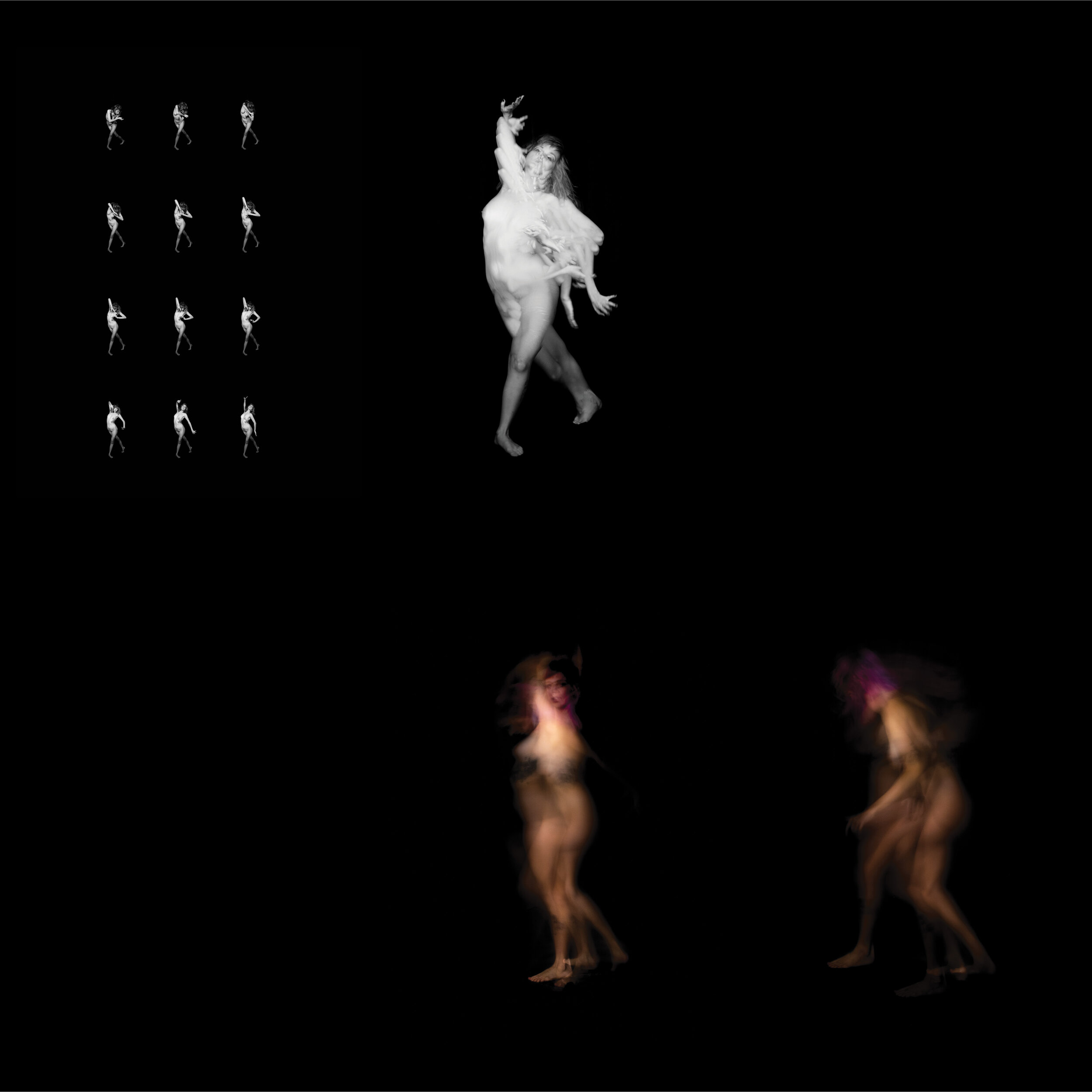 A series of blurred, abstract images of a person in motion against a black background, depicting various stages of a dance or movement sequence. The individual is shown in both monochrome and color effects, with variations in size and detail.