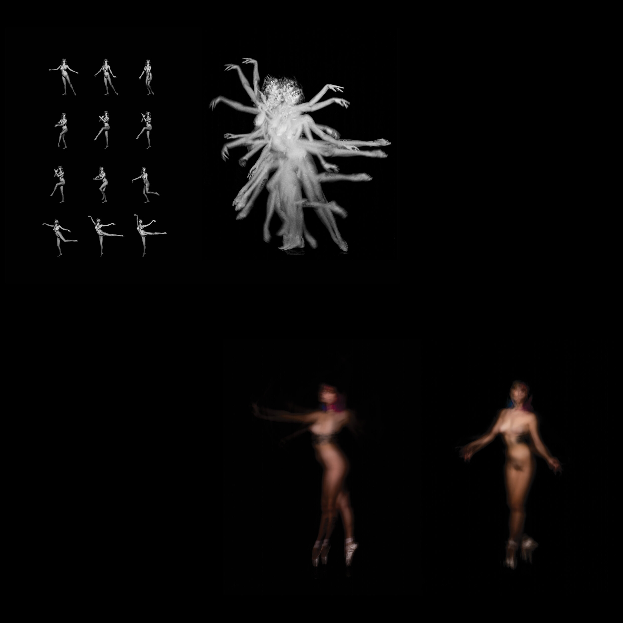 Abstract digital art depicting blurred human figures in dynamic dance poses on a black background.