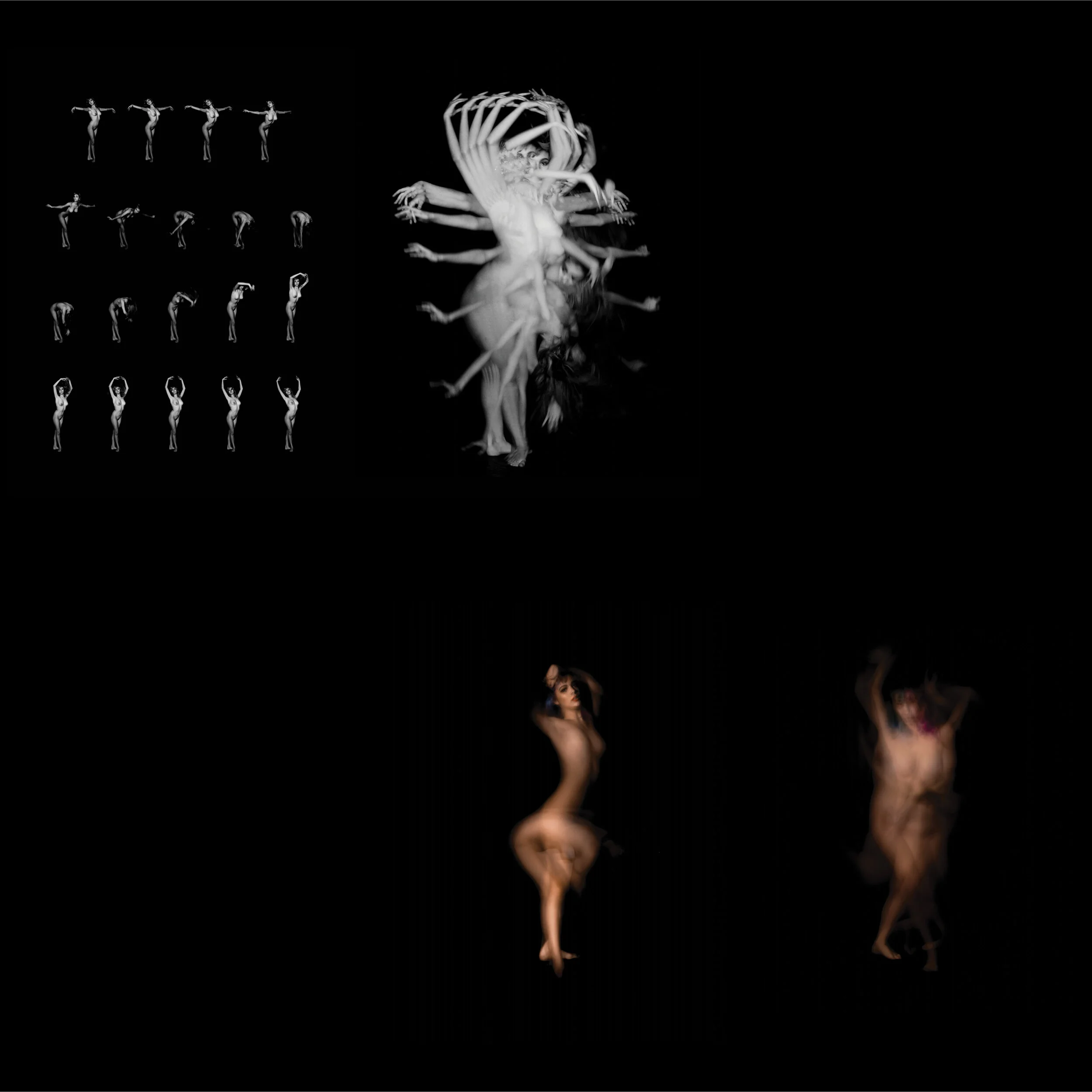 Abstract photo collage showing nude figures in motion, creating blurred and layered effects against a black background.