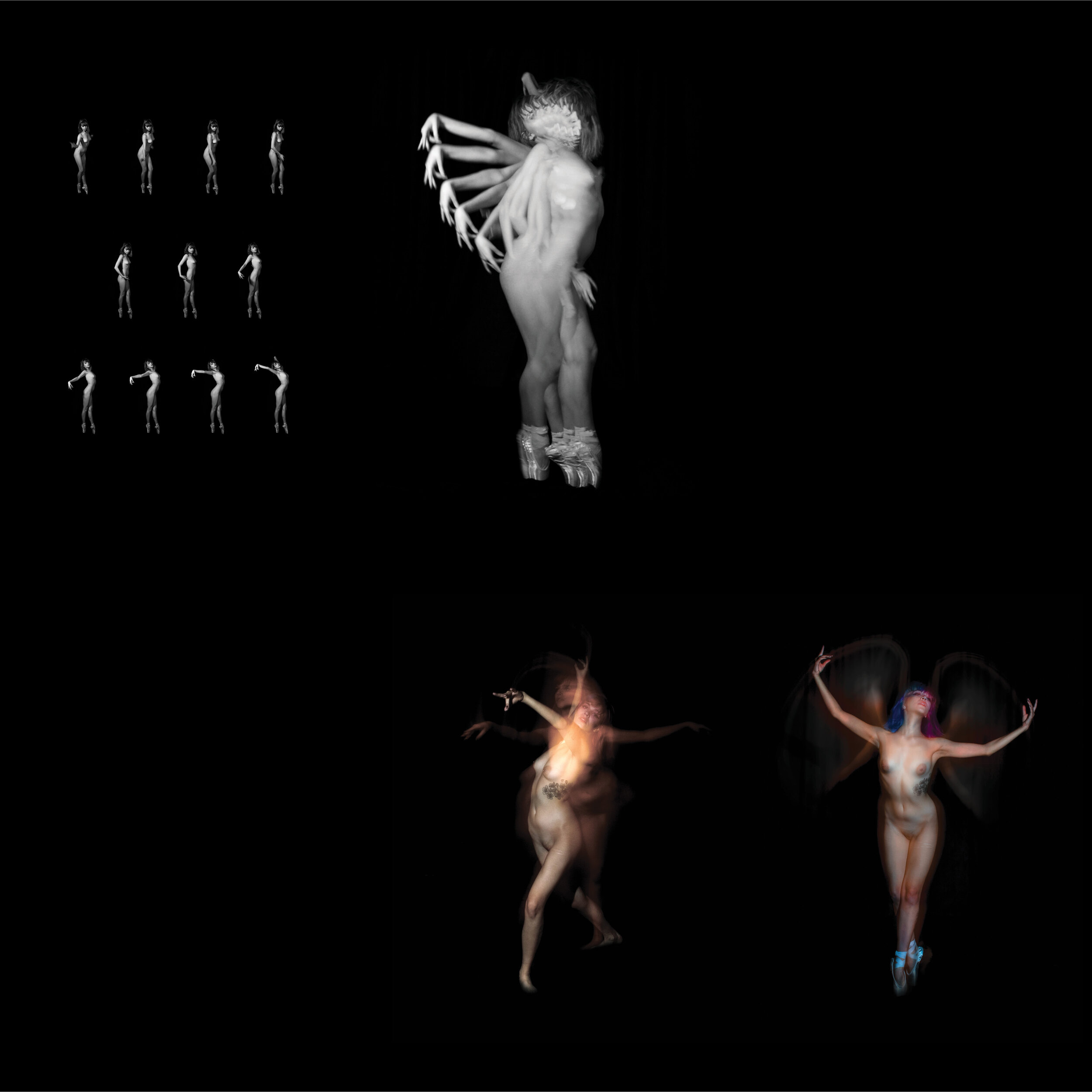 Abstract digital art featuring layered, translucent figures in various dance poses, creating a sense of motion, with a dark background.