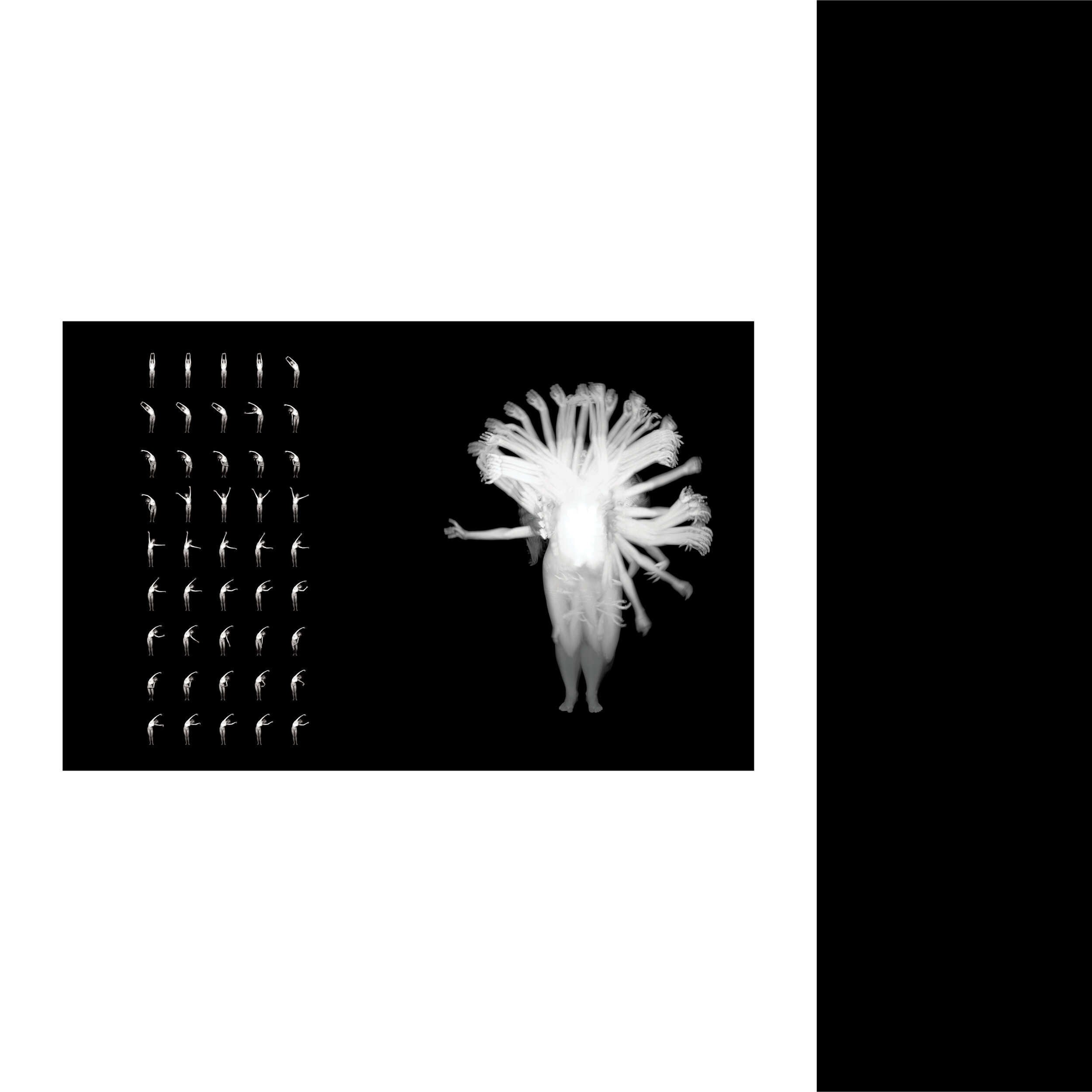 Abstract image featuring a central figure with white, radiating lines resembling hair or light, surrounded by smaller curved lines on a black background.