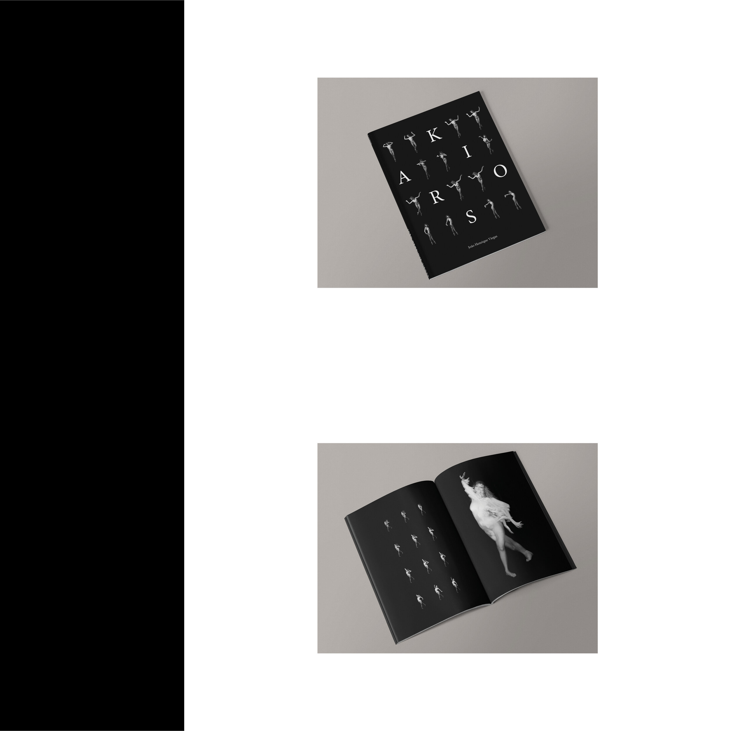 A minimalist design featuring a book with a black cover displaying letters and abstract figures, laid next to an open spread showing a grayscale image of a person dancing. The book is photographed against a plain gray background.