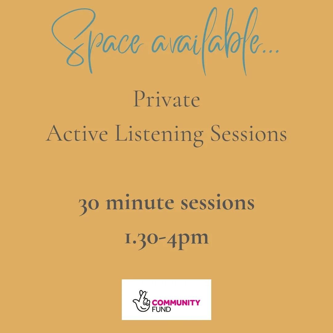 Spaces available on Monday (this coming one!) at our next Friendship and Health Hub. All FREE!

Listening Sessions with Ruth Noble

30 minute sessions between 1pm and 4pm

Maybe you feel your head is too busy and need some help to make sense of it, m