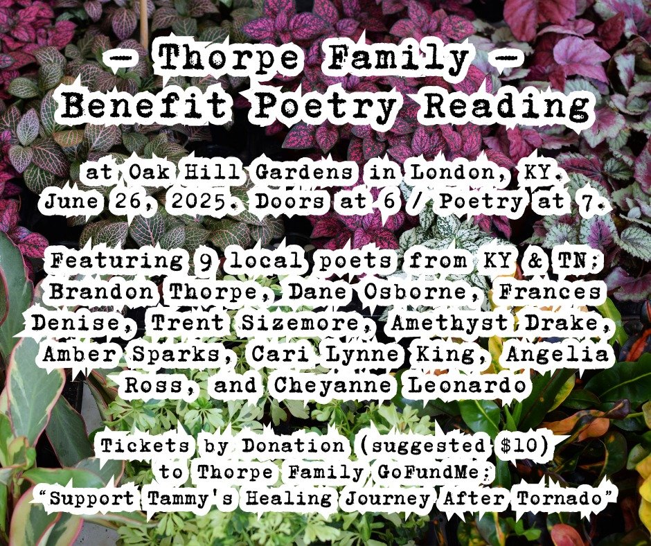 Hello friends! Our local poetry community is putting together a benefit poetry reading for Brandon Thorpe &amp; his family, in their recovery from the tornado that struck London, KY on May 16. Brandon's mom Tammy lost her home and her leg, and we hop