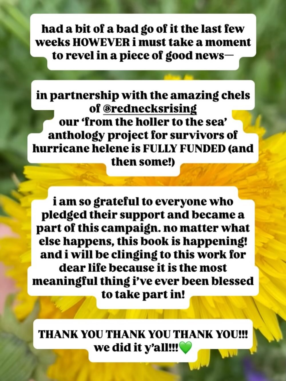 update from @dithyrambler &mdash; &lsquo;from the holler to the sea&rsquo; THE ANTHOLOGY is fully funded (plus some extra love from all our homies! thank you thank you thank you!!!)

@rednecksrising &mdash; let&rsquo;s do this thing!!!📚

(also don&r