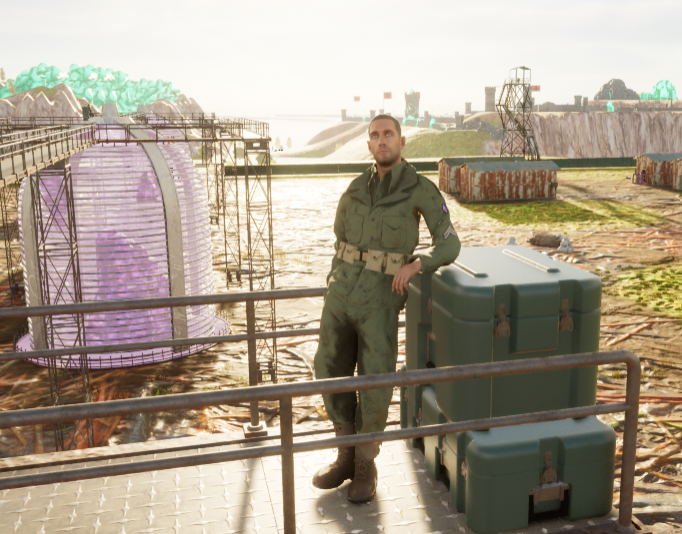 Soldier leaning on top of an experimenting area
