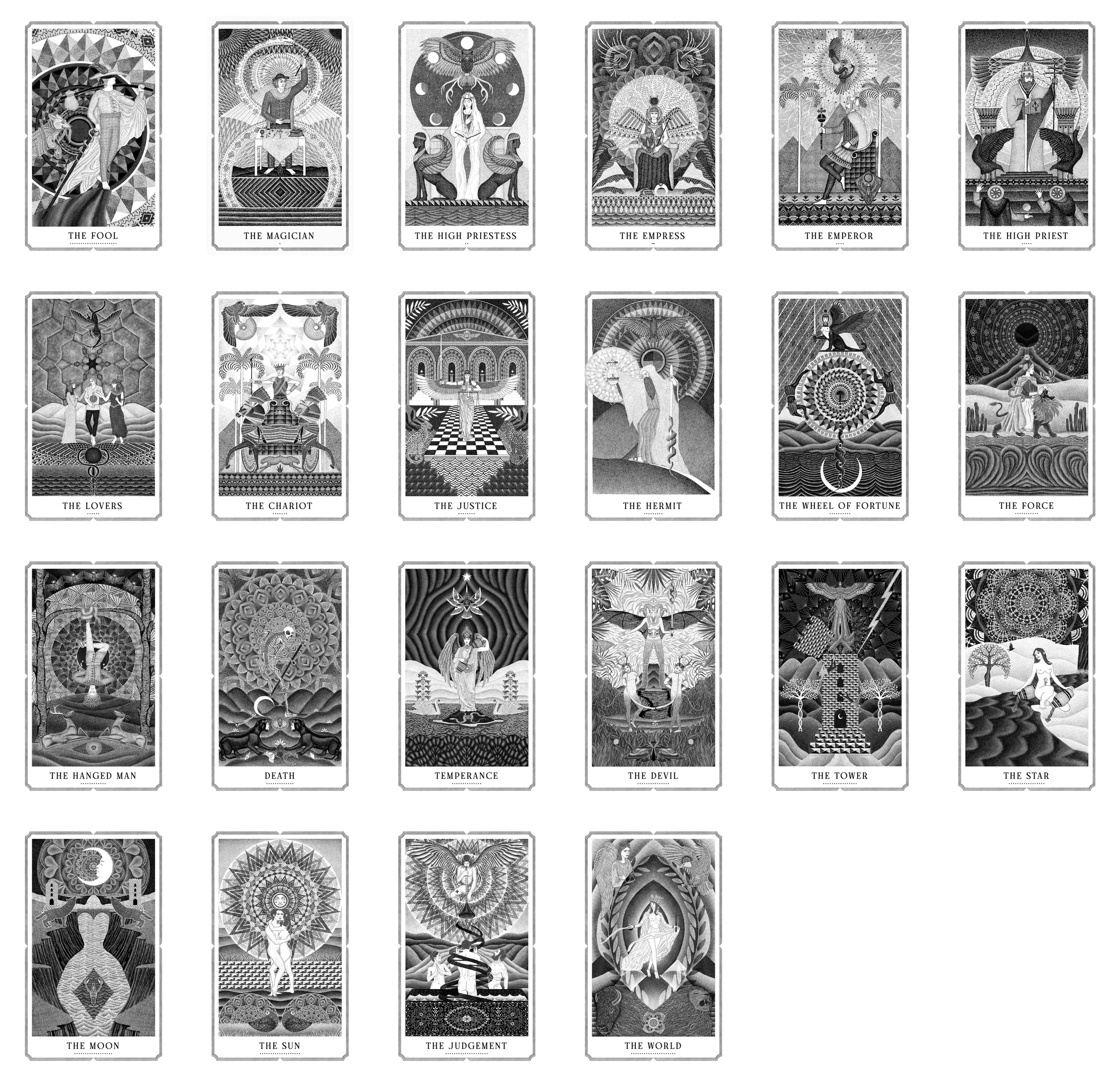 A grid of tarot cards in black and white, including The Fool, The Magician, The High Priestess, The Empress, The Emperor, The High Priest, The Lovers, The Chariot, The Justice, The Hermit, The Wheel of Fortune, The Star, The Hanged Man, Death, Temperance, The Devil, The Tower, The Moon, The Sun, The Judgement, and The World.
