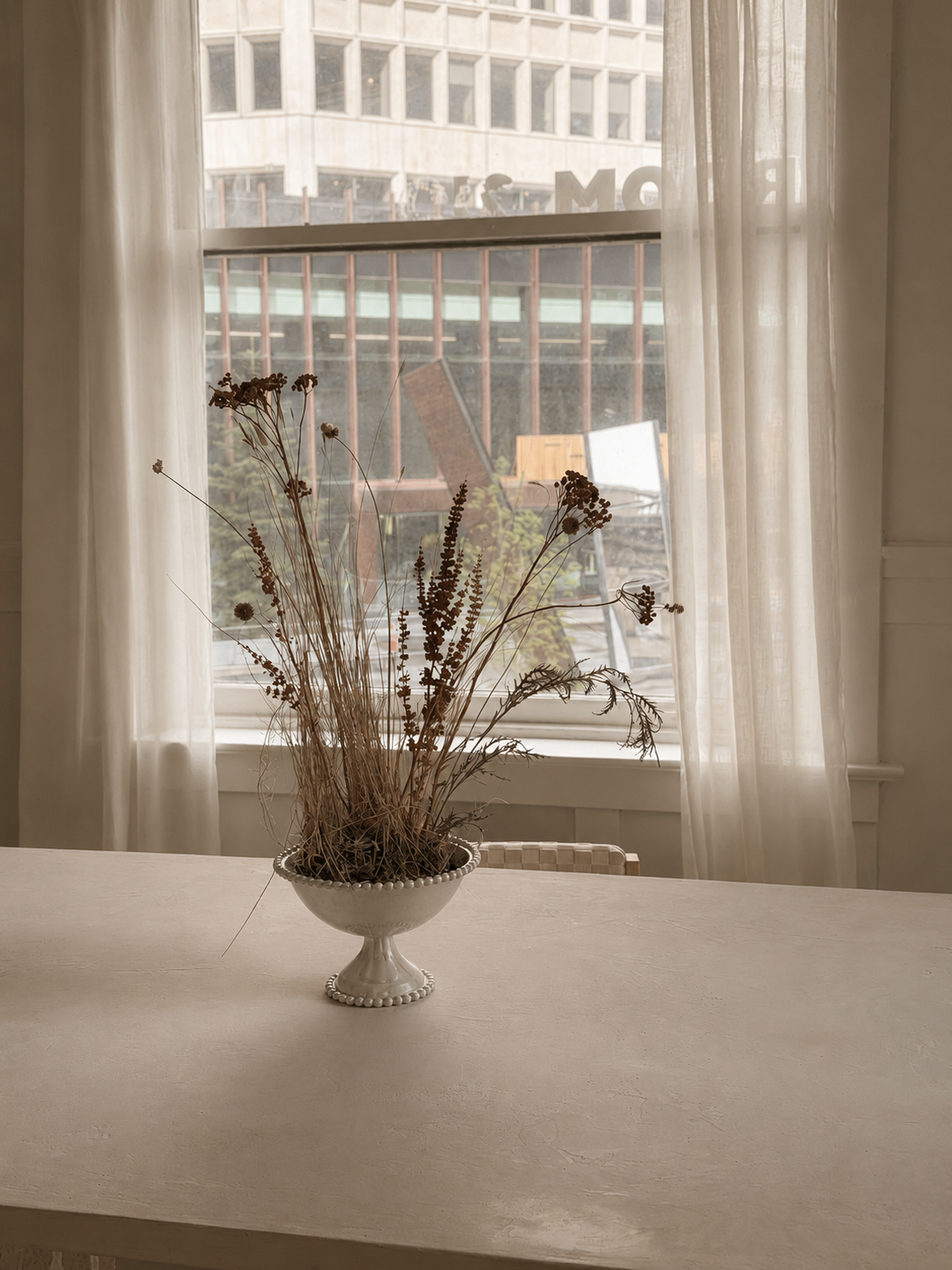 Tall dried flowers in a shallow vase on a cream table in front of a softly lit window with white sheer drapes