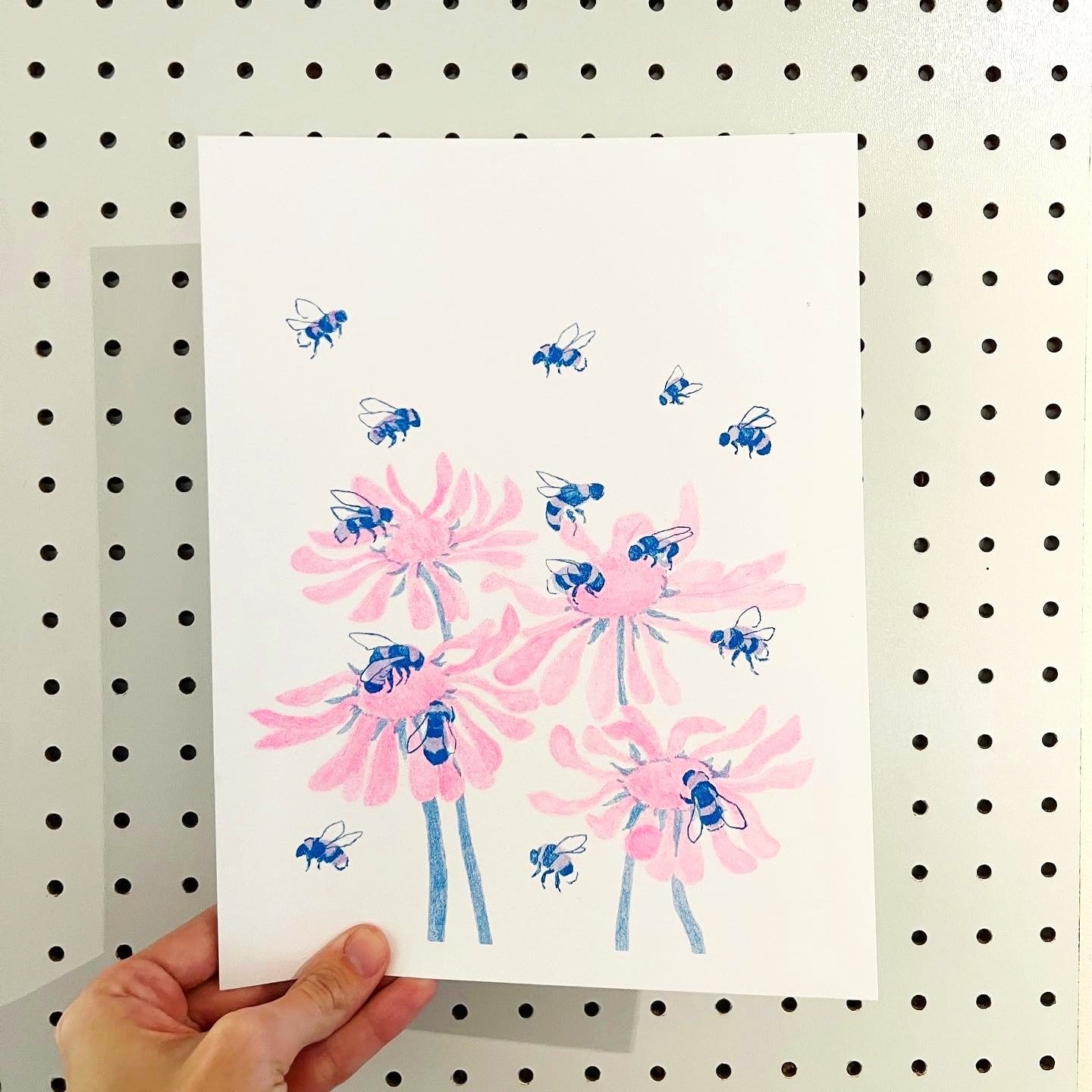 Bees and flowers risograph print by Lauren Denitzio