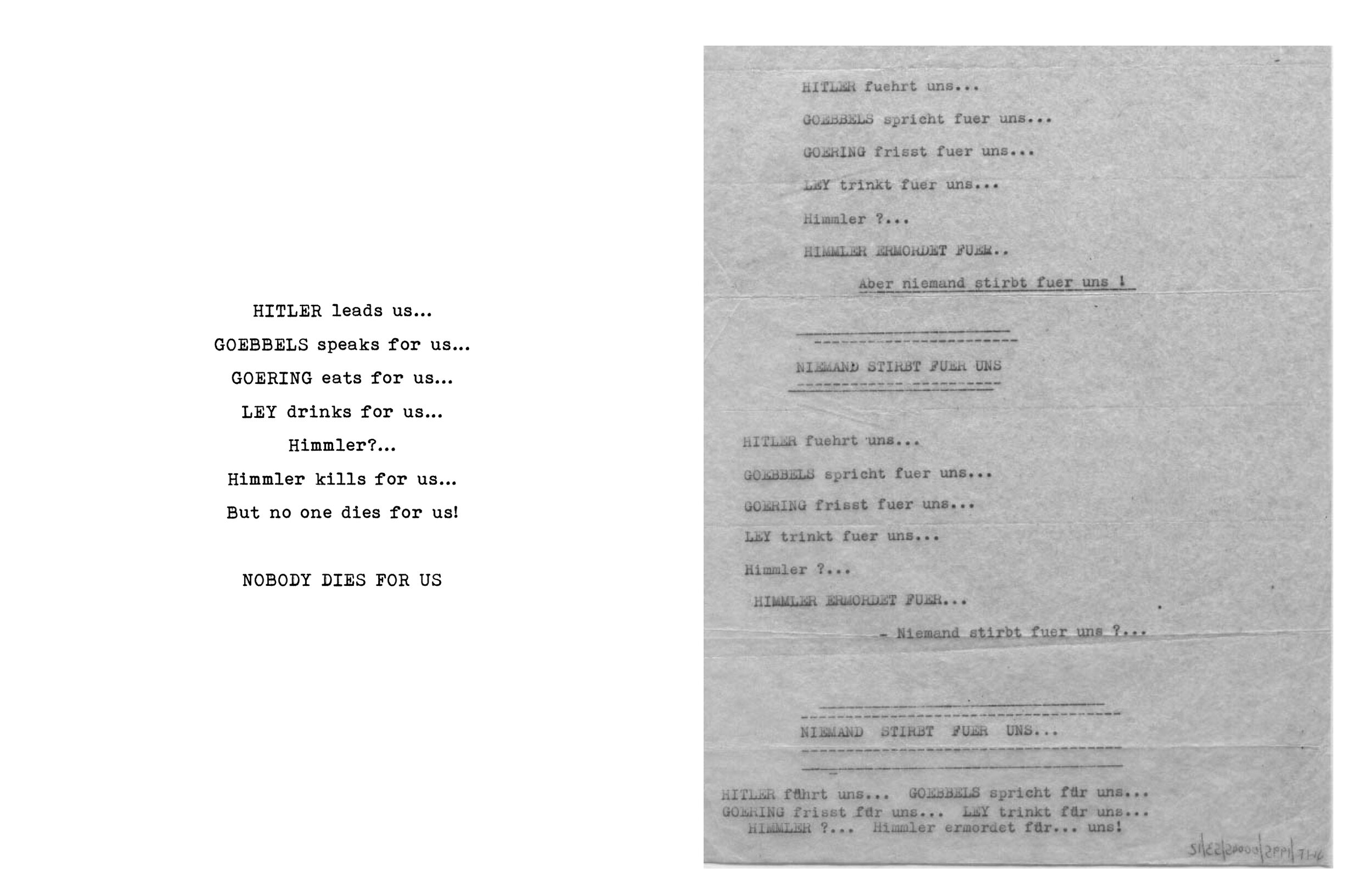 Image from The Nameless Soldiers, a zine in progress by Lauren Denitzio featuring flyers made by artists Claude Cahun and Marcel Moore during WWII, resisting Nazi occupation